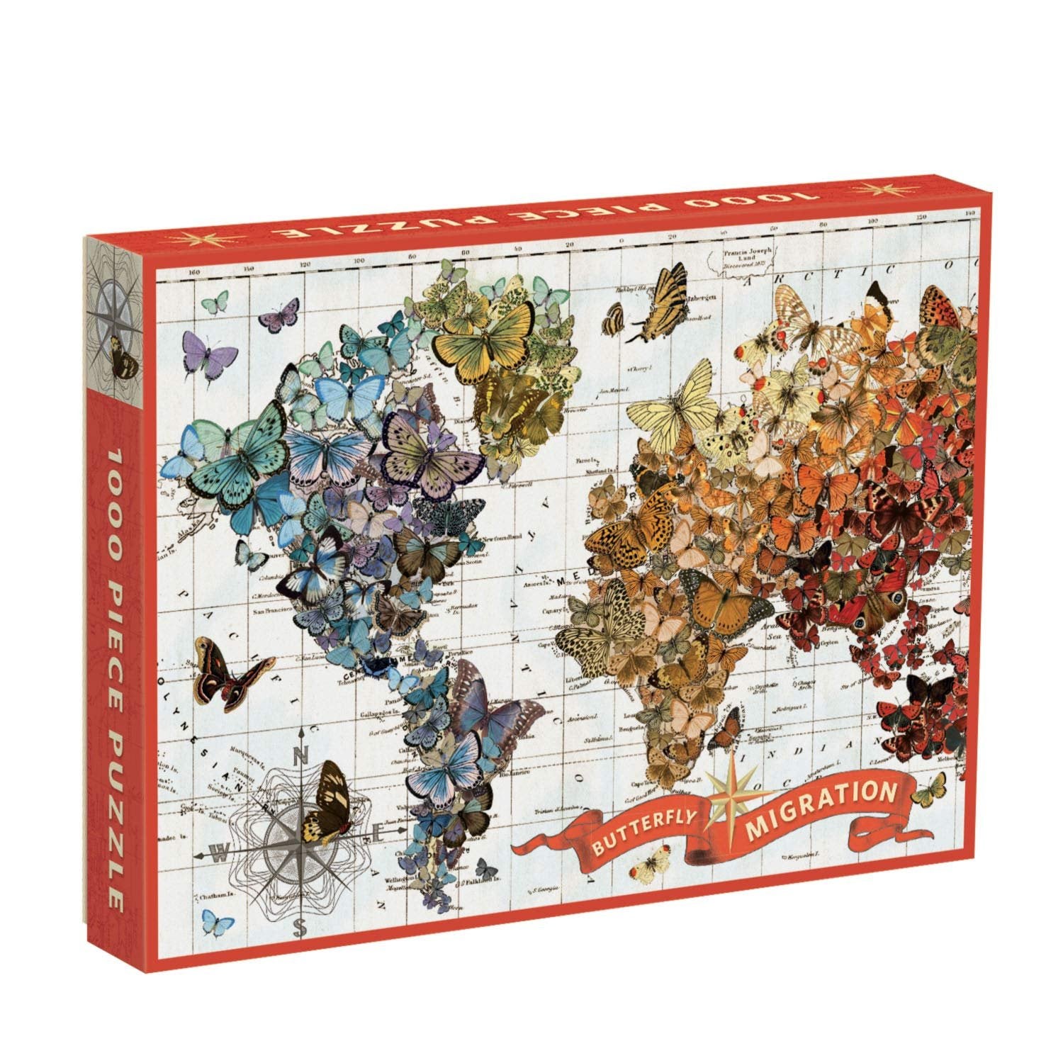 Galison Wendy Gold Butterfly Migration 1000 Piece Jigsaw Puzzle for Adults and Families, Vibrant Illustrated World Map Puzzle with Butterflies as Continents