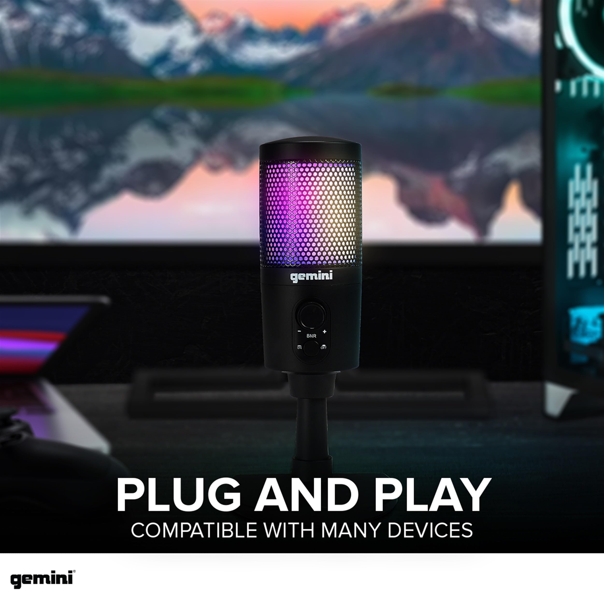Gemini Sound GSM100USB PC Computer USB Condenser Microphone with RGB LED Lights Headphone Jack Volume and Background Noise Reduction Controls for Live Streaming Podcasting Chat Gaming Twitch Zoom