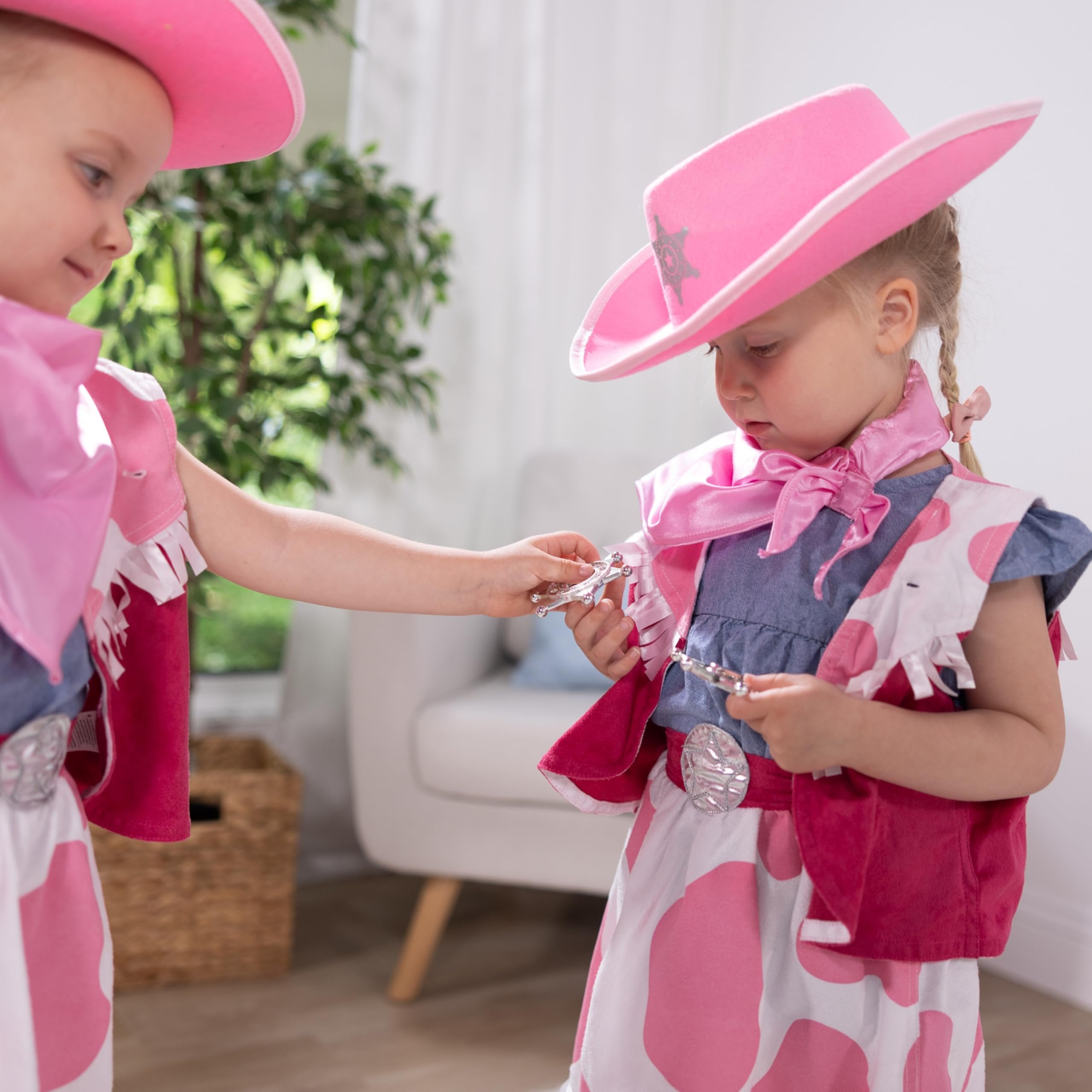 Melissa & Doug Cowgirl Role Play Costume Set (5pcs) - Skirt, Hat, Vest, Badge, Scarf Pink, Child 3-6