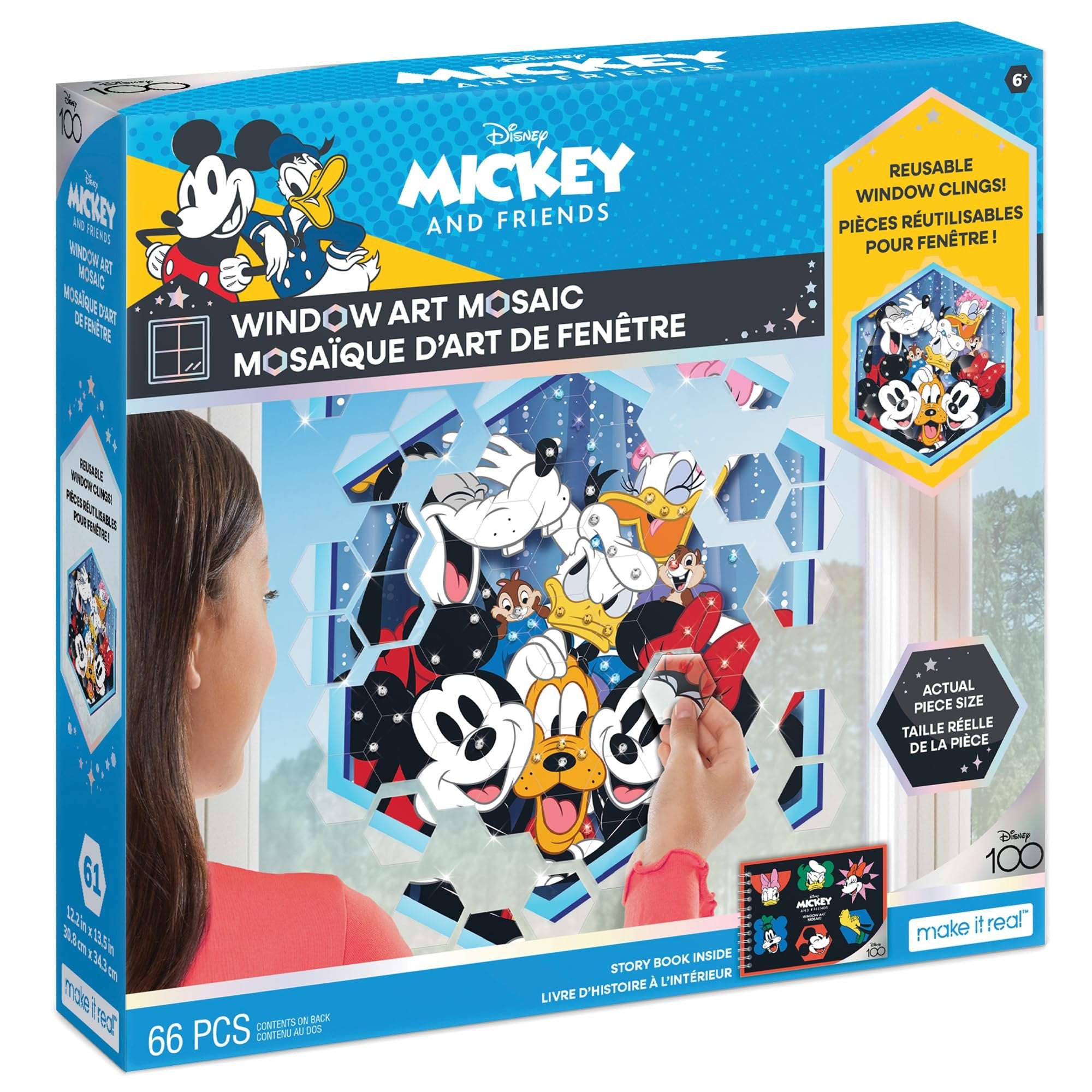 Make It Real Disney: Window Art Mosaic - Mickey & Friends - 66 pcs, Reusable Puzzle Window Clings, Creates a 12.2 x 13.5 Image, Kids Ages 6+