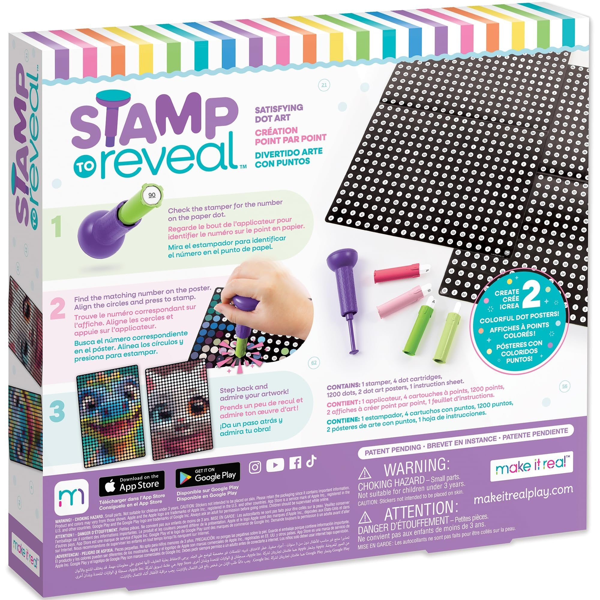Make It Real: Stamp to Reveal: 2 Characters - Cool Cat & Smily Dino - DIY 2 Dot Posters, 11 x 16.5, Craft Kit, Artwork Activity, Girls & Kids Ages 6+