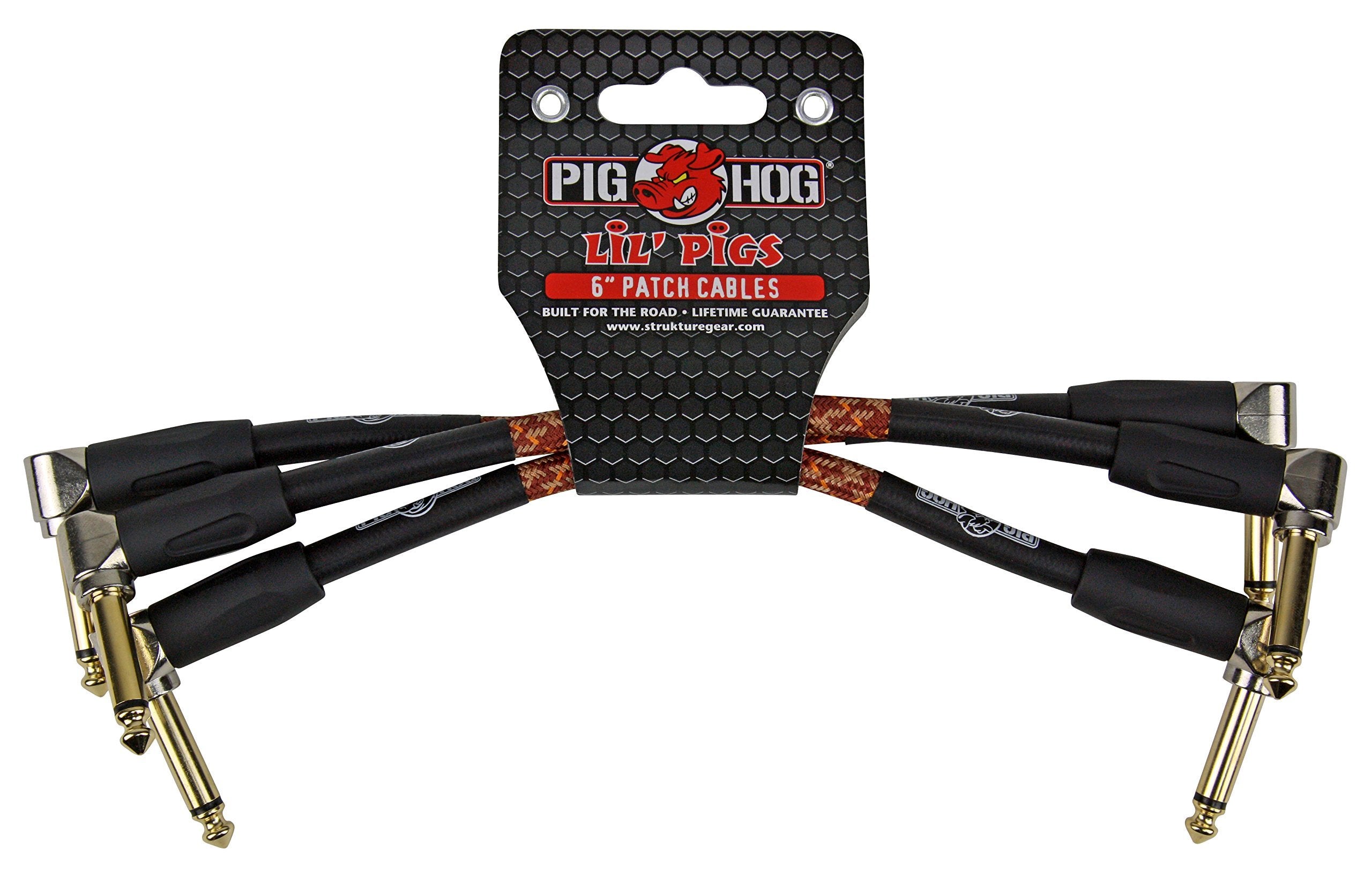 Pig Hog PHLIL6CC Lil' Pigs Right-Angle 1/4" Vintage Orange Cream Instrument Patch Cables, 6" (3 Pack)