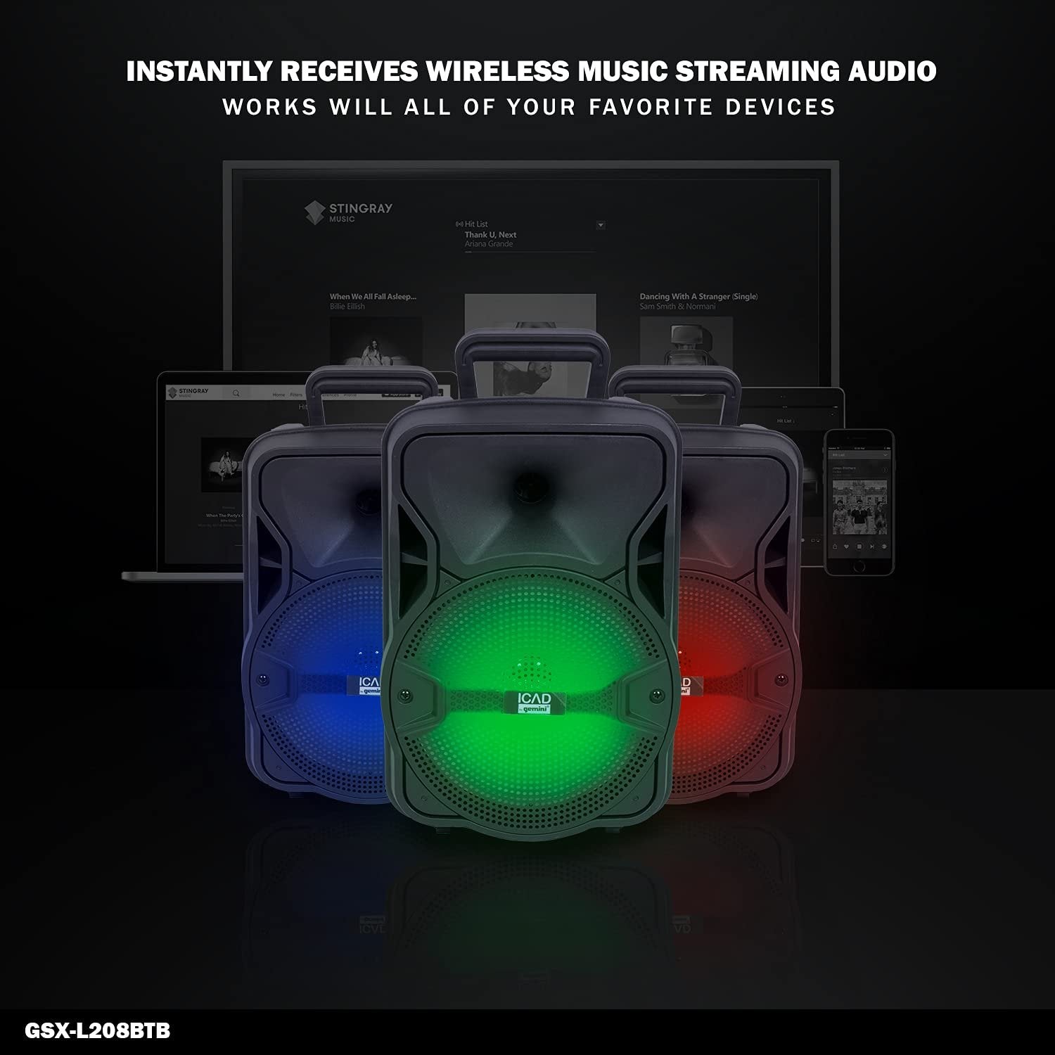 ICAD by Gemini GSX-L208BTB Wireless Rechargeable Portable Bluetooth LED Party Light Show 8" Inch Woofer Powered 500W Watts Peak PA System Karaoke Speaker w Micro SD USB and FM Radio Tuner, Microphone