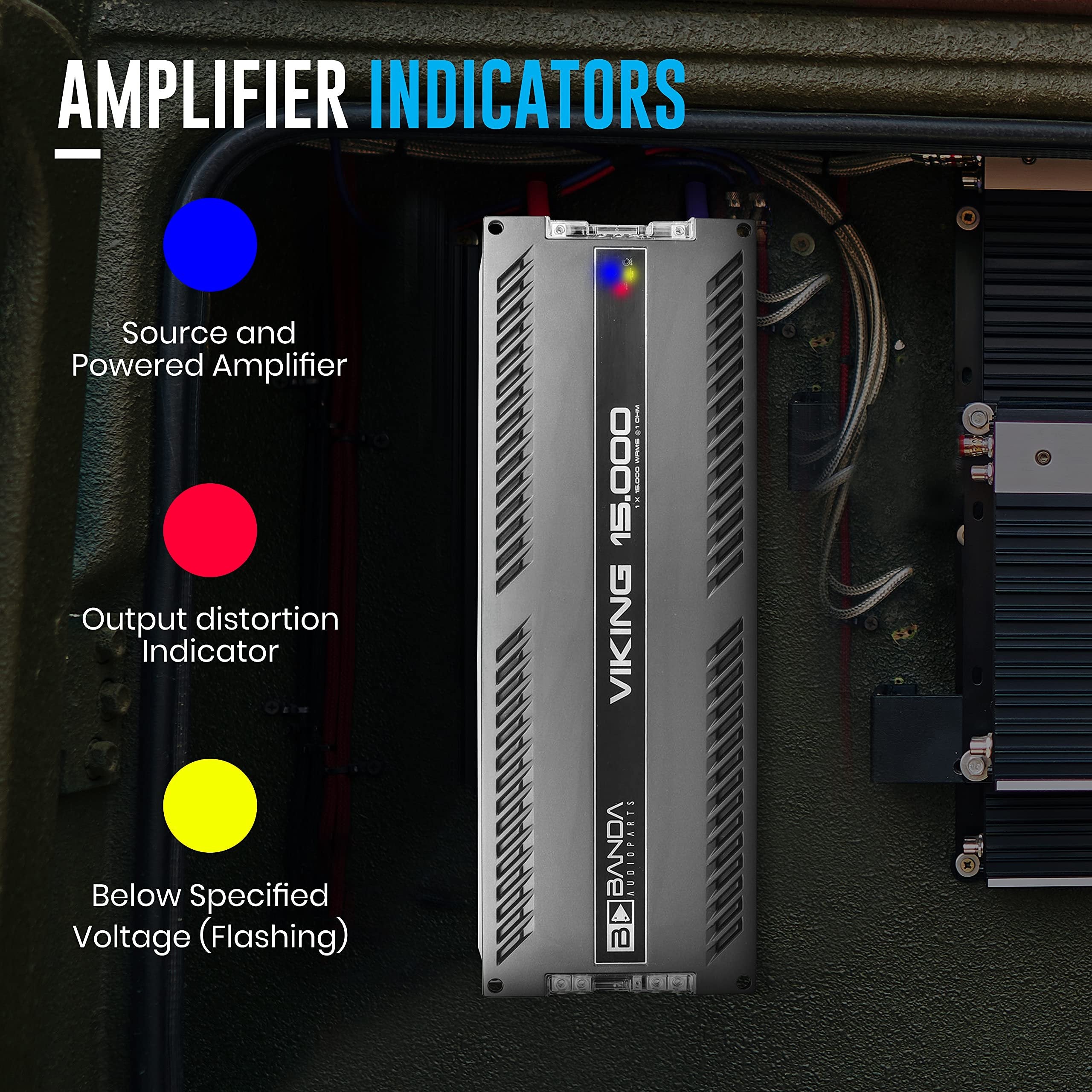 Banda 1-Channel Vehicle Audio Bass Amplifier - High-Powered Mono Bass Amplifier w/Subsonic Filter and Low Pass Filter Stable at 1 ohm, LED Indicators, Sound Specialization - BANDA VIKING15000