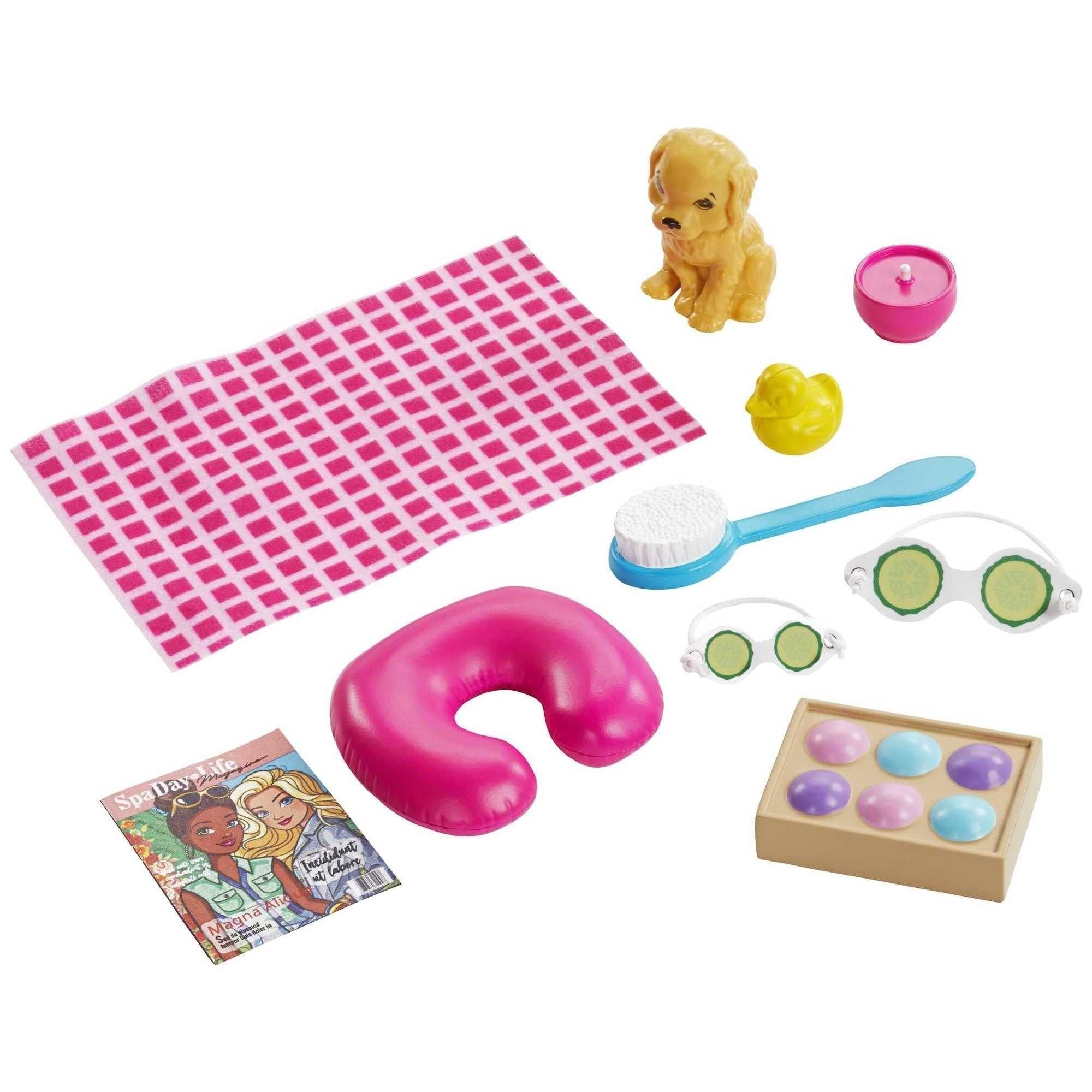 Barbie Spa Doll & Playet with Puppy & 9 Accessories Including Rubber Duck & Cucumber Eye Masks, Blonde Fashion Doll in Wrap Towel