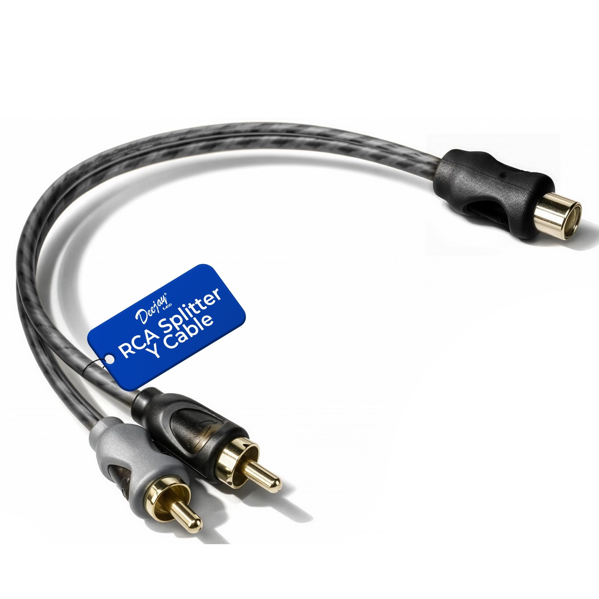 DEEJAY LED RCA Splitter Y Cable, 1 Female to 2 Male Adapter, Twisted Pair OFC Conductors, Soft-Touch Flexible Jacket, EMI Noise Reduction, Secure Spring Grip, Car & Home Stereo AV RCA Y Splitter