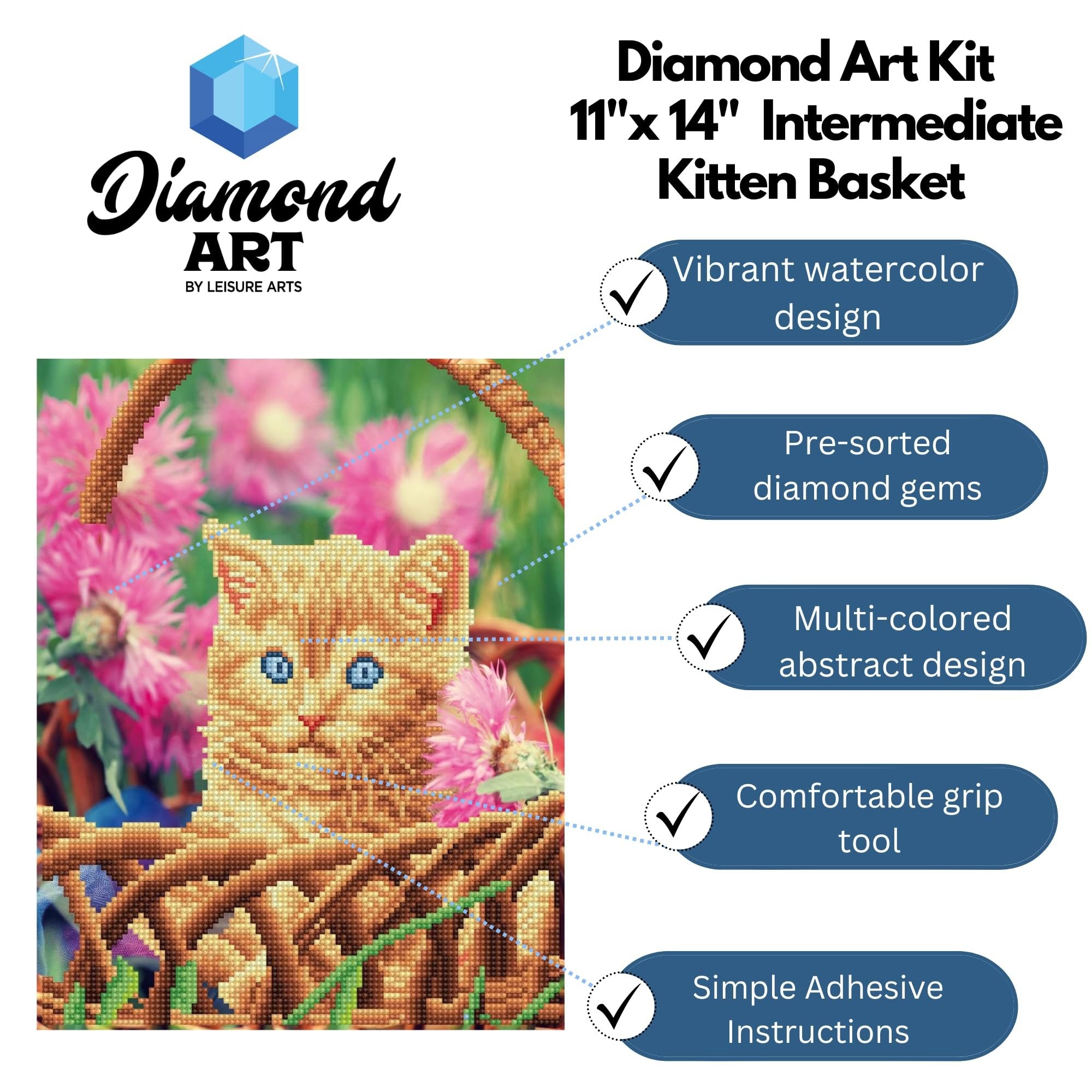 Diamond Art By Leisure Arts Kitten Basket, 11"X14", Intermediate Diamond Painting Kits For Adults, Art For Adults, Kit, Painting