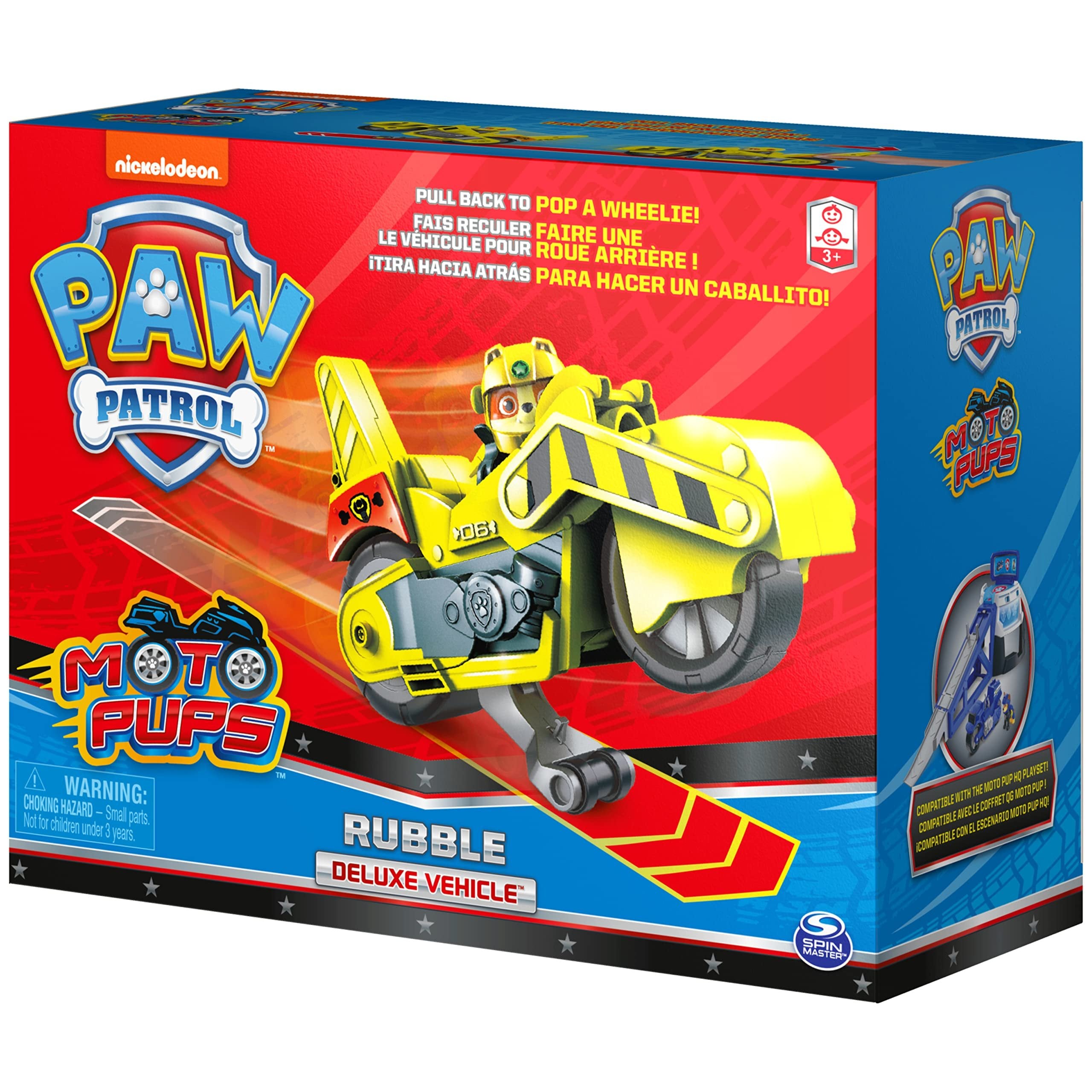 Paw Patrol, Moto Pups Rubble’s Deluxe Pull Back Motorcycle Vehicle with Wheelie Feature and Toy Figure