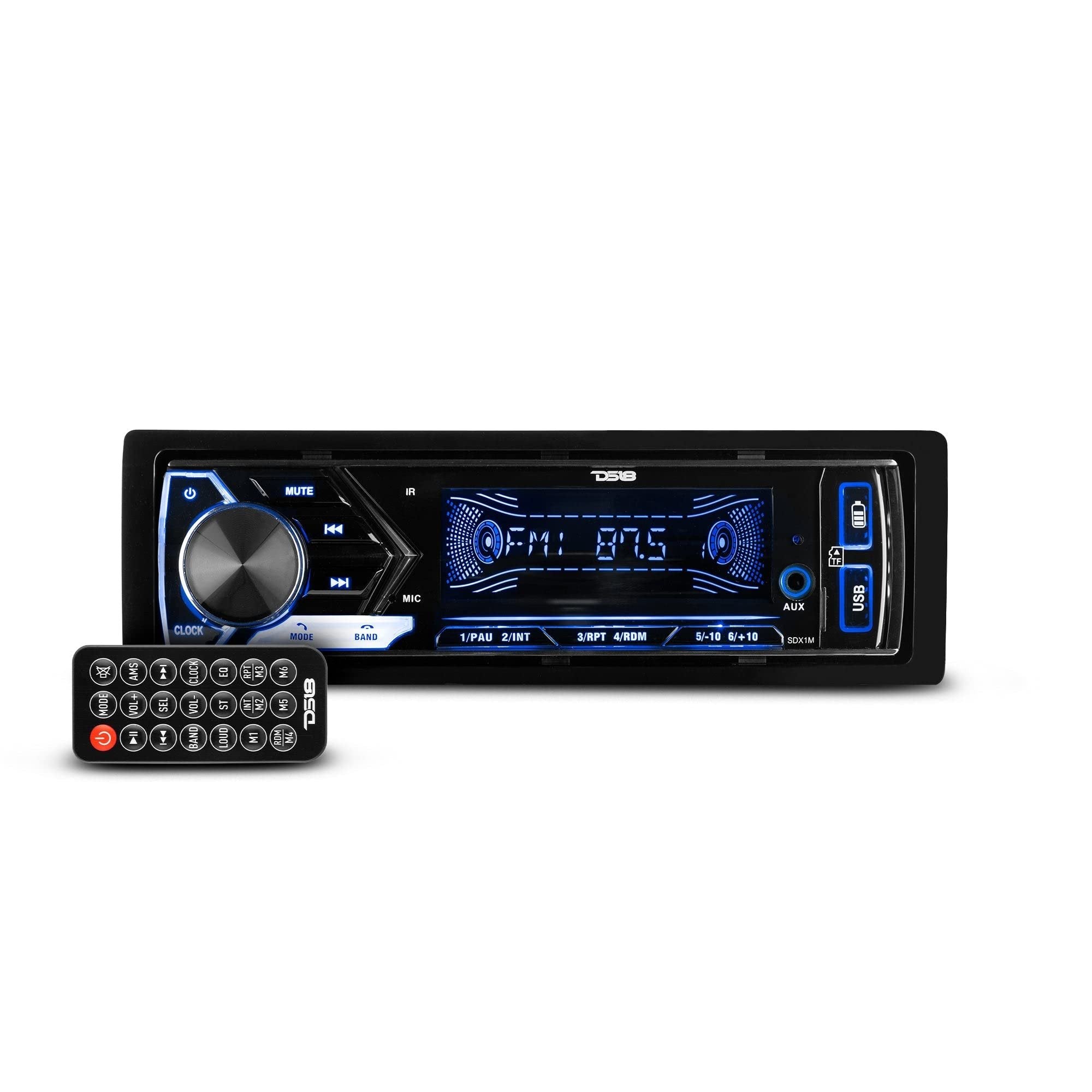 DS18 SDX1M Multimedia Car Stereo Built in Bluetooth 7 Volt Preouts- Single Din Mechless Digital Media Receiver Dual USB SD AUX Input AM FM Car Radio Remote Quick Charge Hands Free