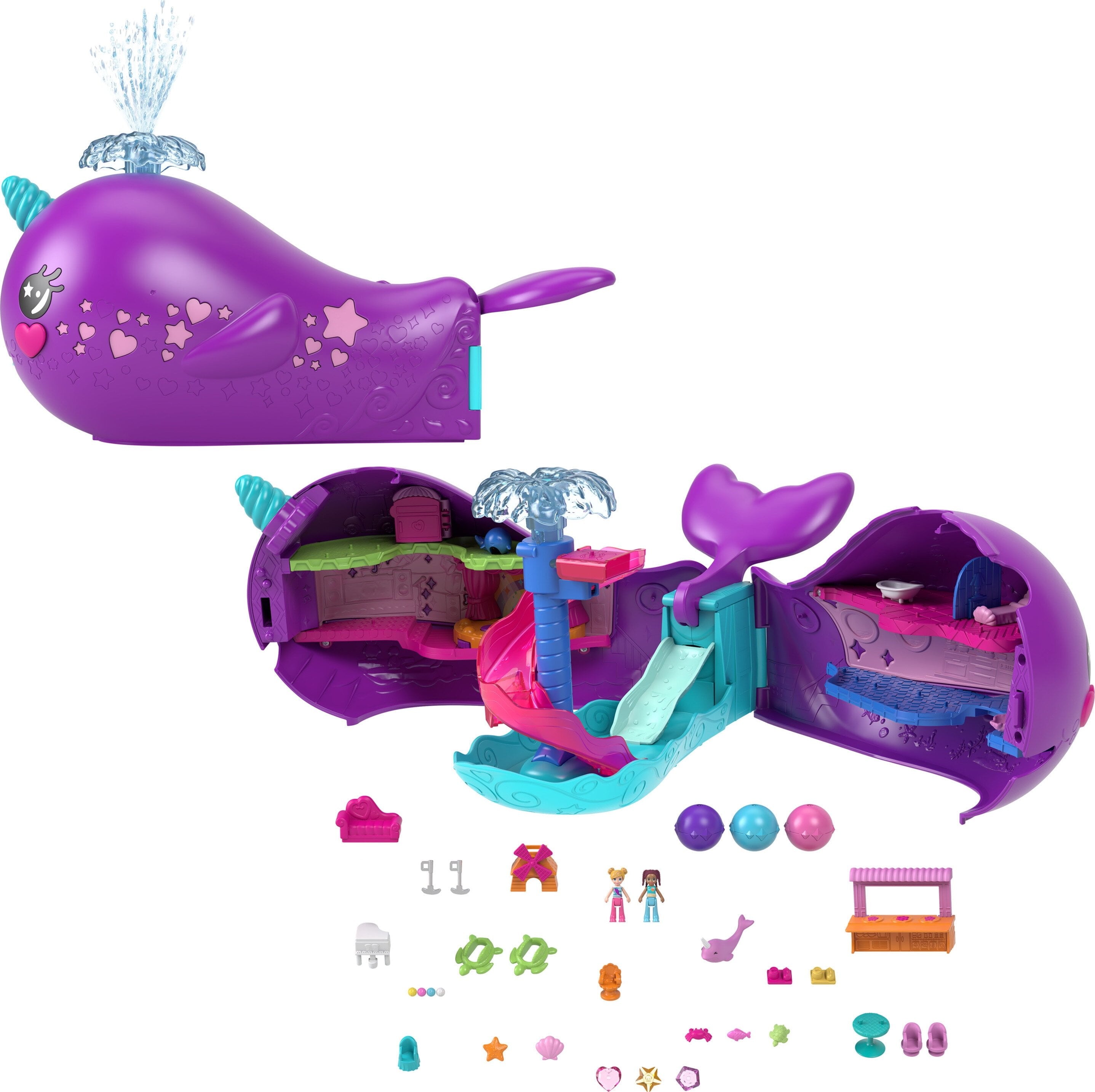 Polly Pocket Sparkle Cove Adventure Narwhal Adventurer Boat Playset with 2 Micro Dolls & 13 Accessories