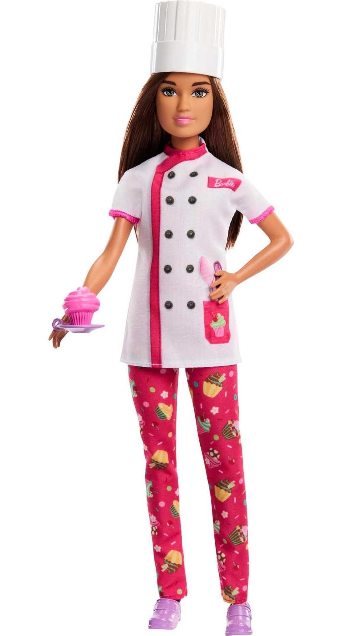 Barbie Careers Fashion Doll & Accessories, Pastry Chef Wearing Removable Baking Outfit with Hat & Cake Slice