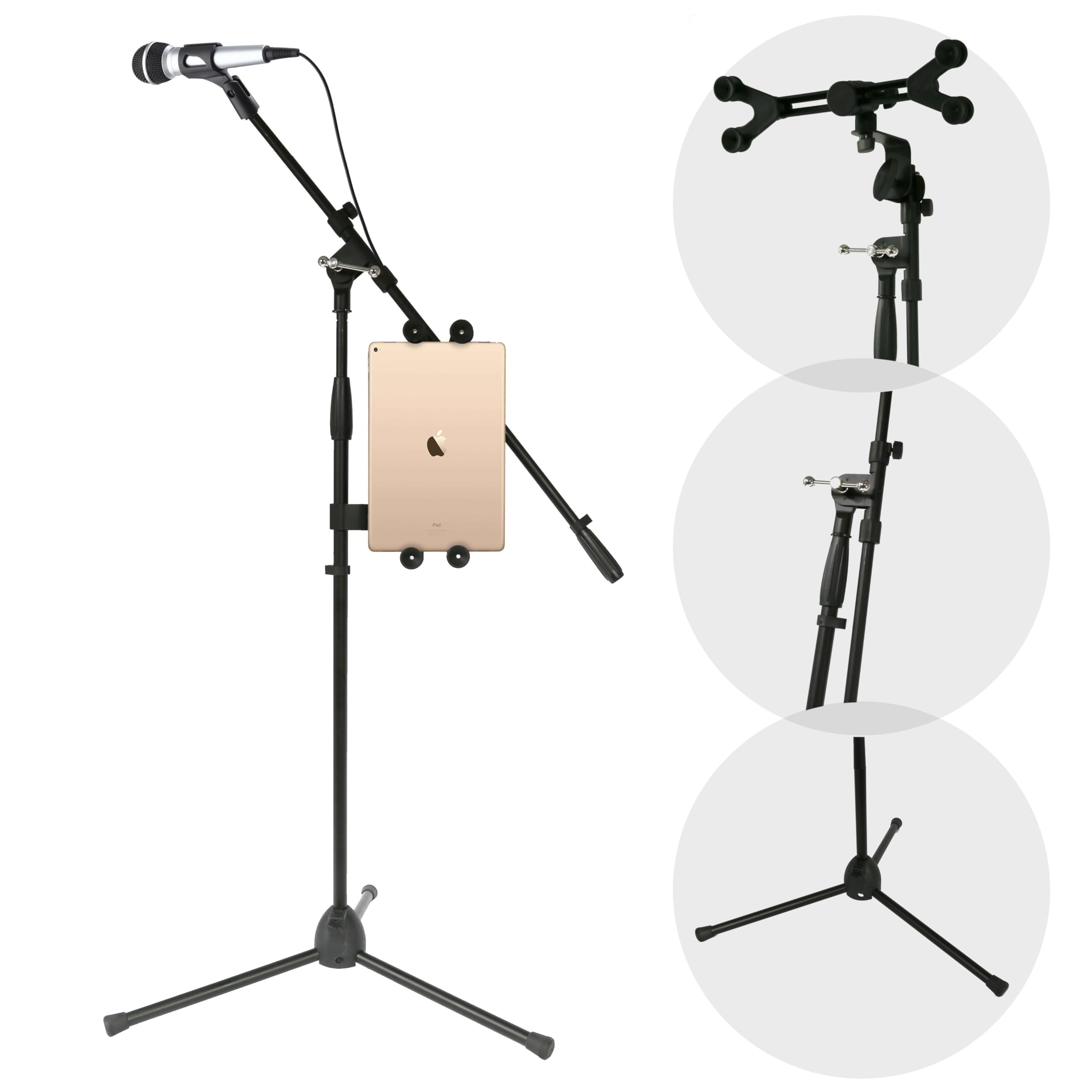 Pyle-Pro 4 in 1 Multimedia Microphone Stand w/ Ipad/Tablet holder, Universal Mic Holder, Adjustable Extender Bar w/ Multi–Mount Boom Clip - Sturdy and Durable PMKSPAD1