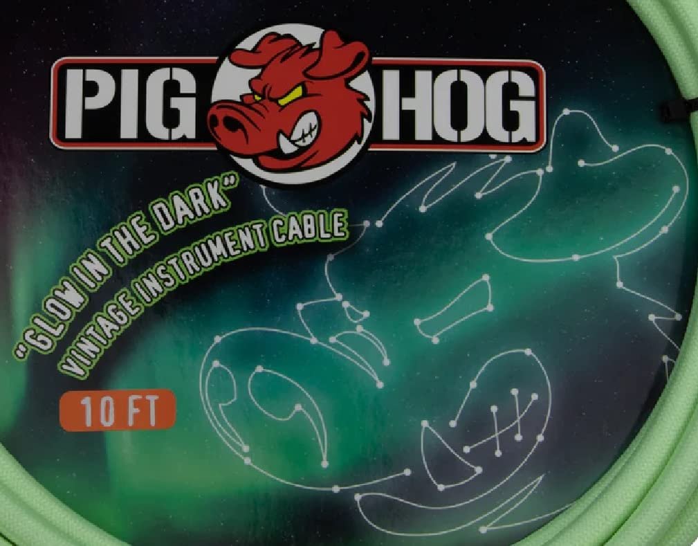 Pig Hog PCH10GLO Glow in The Dark Instrument Cable 10-Feet Unique Woven Outer Covering Gold Plated 1/4" Connectors