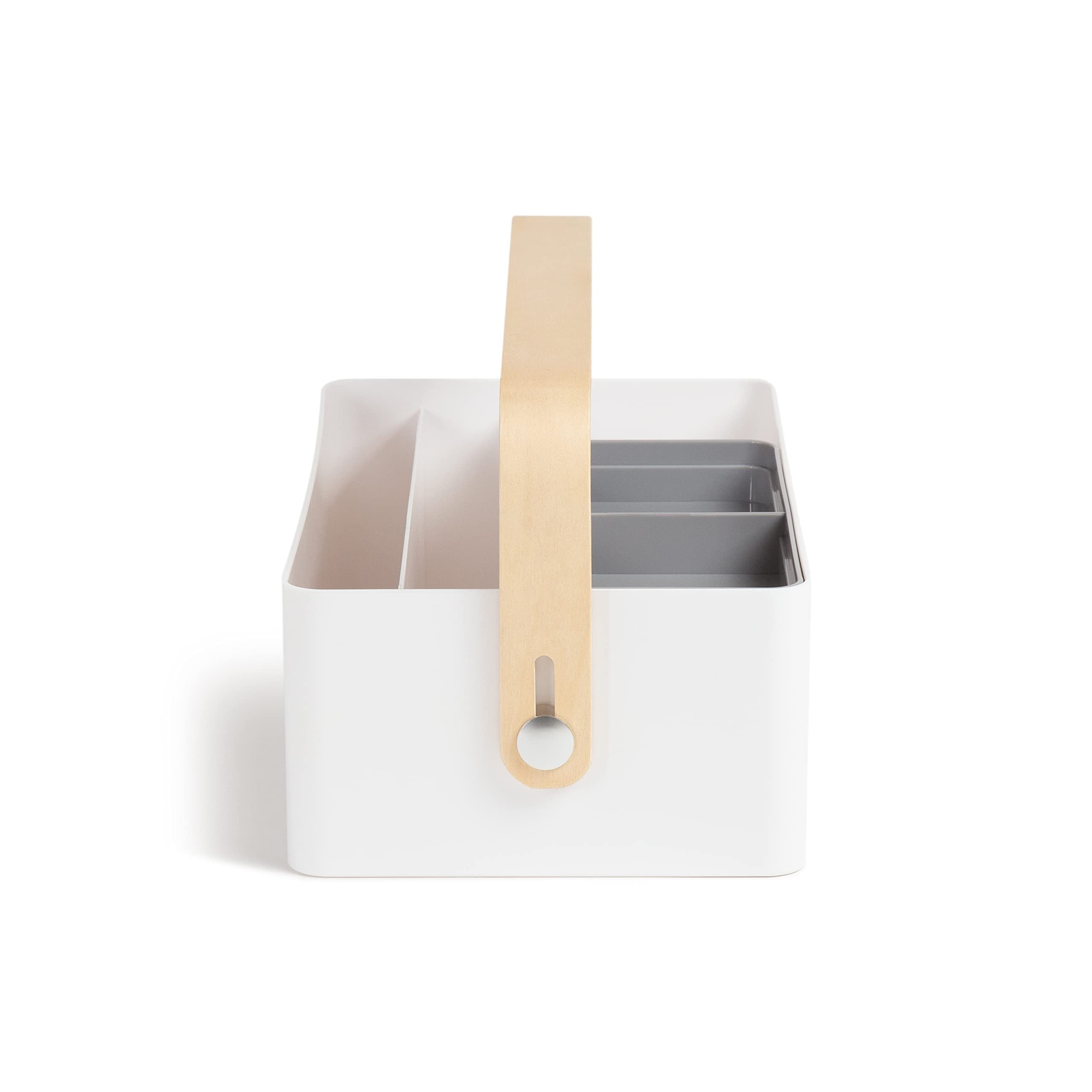 U Brands Mod Caddy Desktop Organizer, Office Supplies, White, with Removable Tray, Poplar Handle, 12.36” x 6.93” x 3.93”