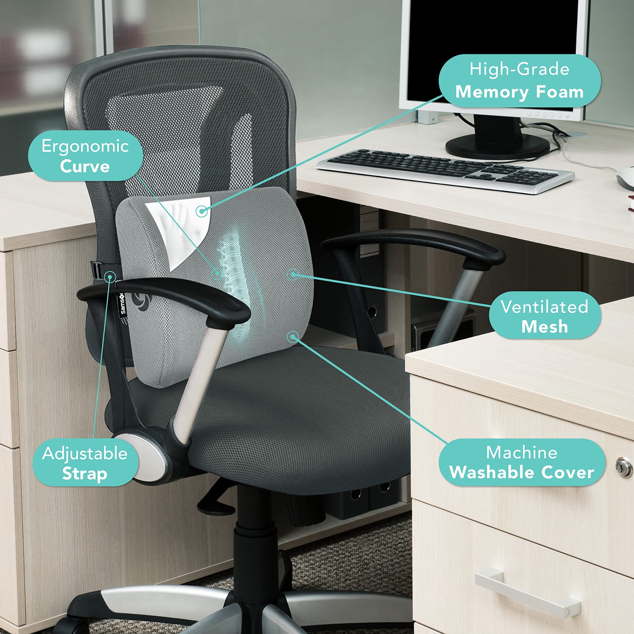 SAMSONITE Lumbar Support Pillow for Office Chair and Car Seat, Perfectly Balanced Memory Foam, Versatile Use Lower Back Cushion, Gray