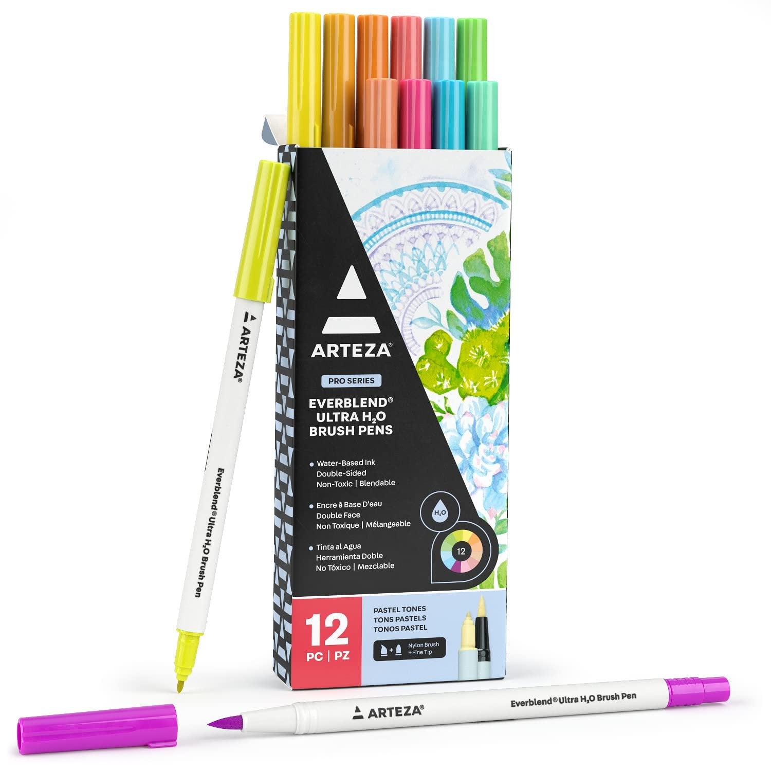 ARTEZA Dual Tip Brush Pens, 12 Pastel Colors, Watercolor Calligraphy Markers, Nylon Brush and Fine Tip, Water-Based Ink