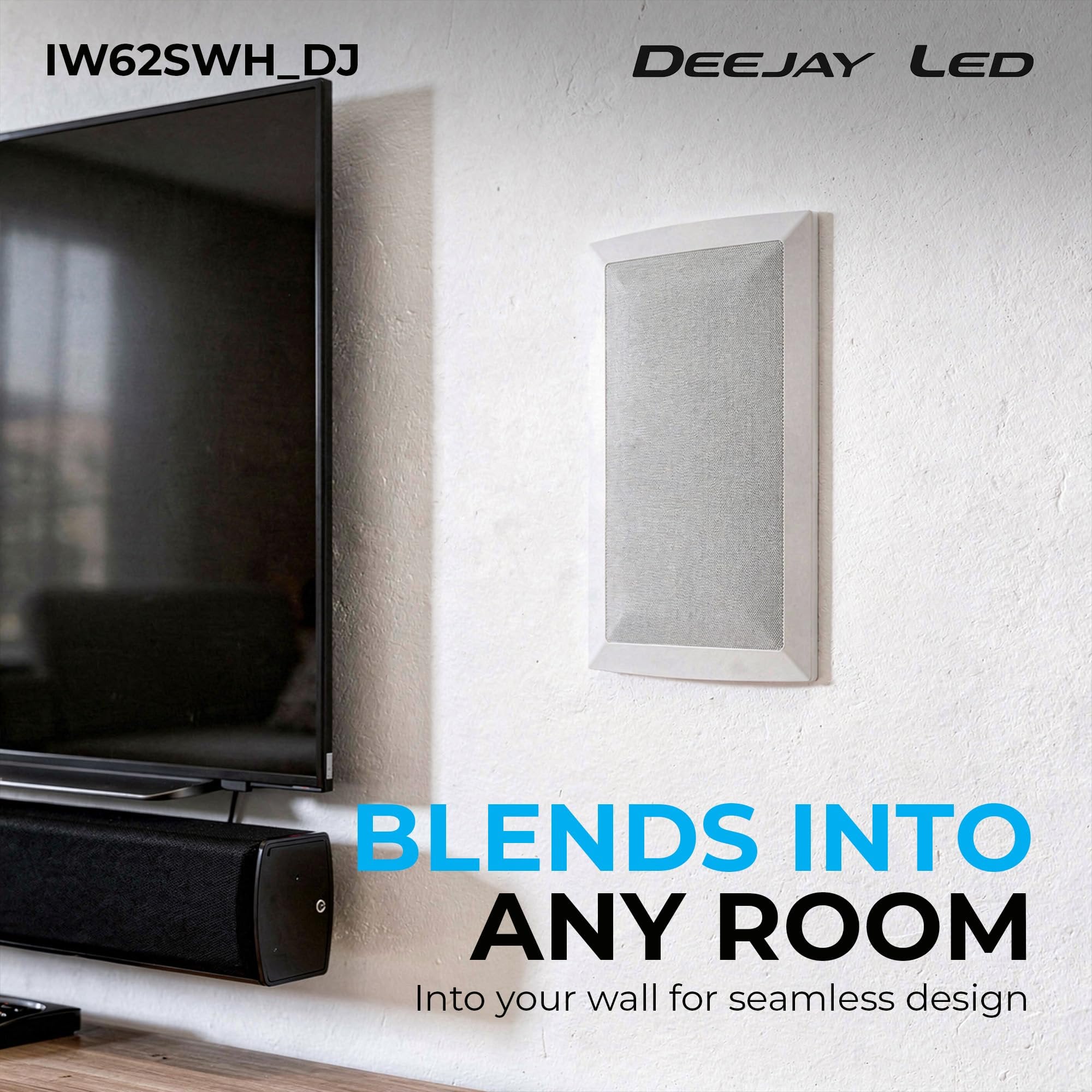 DEEJAY LED 2 × 6-Inch in-Wall Subwoofer, 100–400W High Power Subwoofer for Home Theater, Office, Retail, 8 Ohm Stereo / 4 Ohm Mono, White Paintable Finish, Gold Terminals