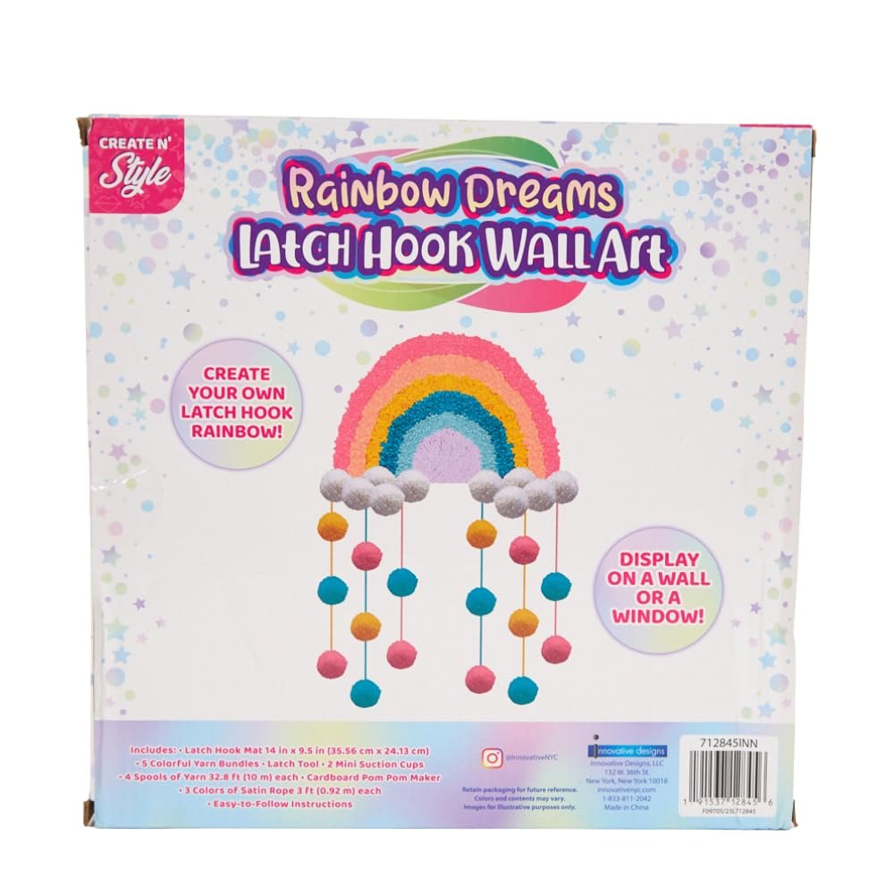 Innovative Designs Create N' Style DIY Rainbow Latch Hook Kit, Girls Arts & Crafts Set, Fun Craft Activity Kit for Kids Age 6+