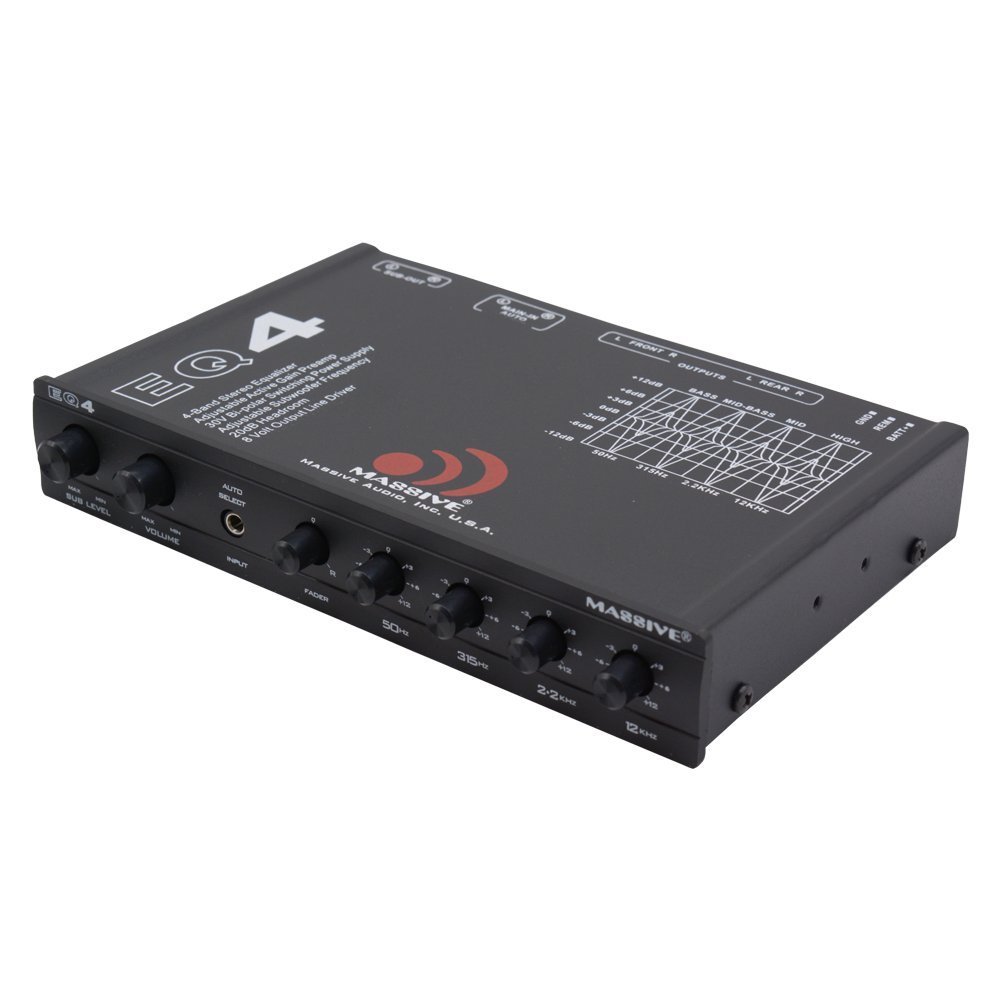 Massive Audio EQ4 Car Equalizer with 4 Band Graphic Equalizer - AUX inputs - 8V Line Driver - 12dB Crossover
