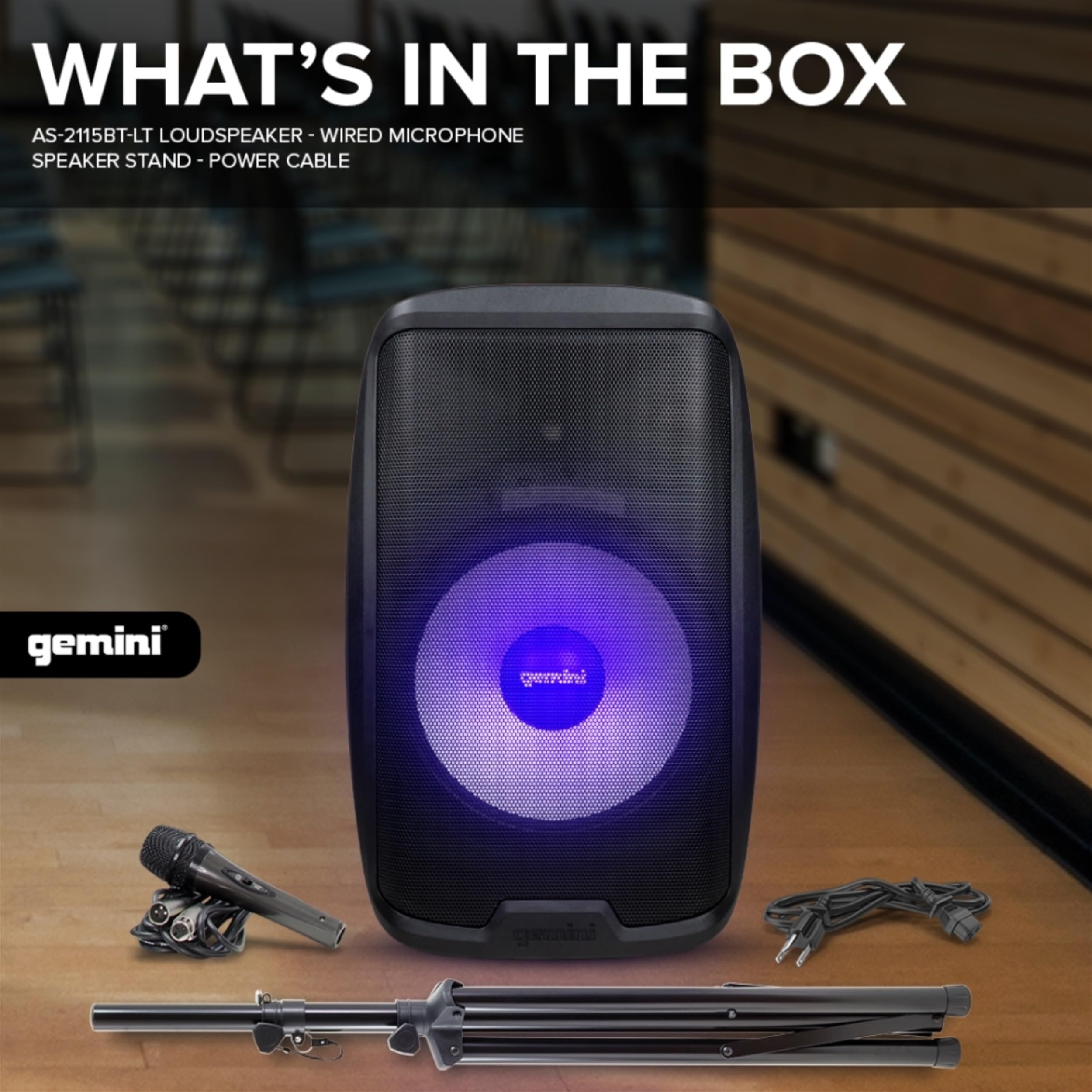 Gemini Sound AS-2115BT-LT-PK 2000 Watt LED LIT 15 Inch Woofer Professional Active Bluetooth DJ PA Speaker, Stand, Mic and Remote Set with Onboard 3-Channel. TWS Stereo Pairing/Linking Pro Fly Points