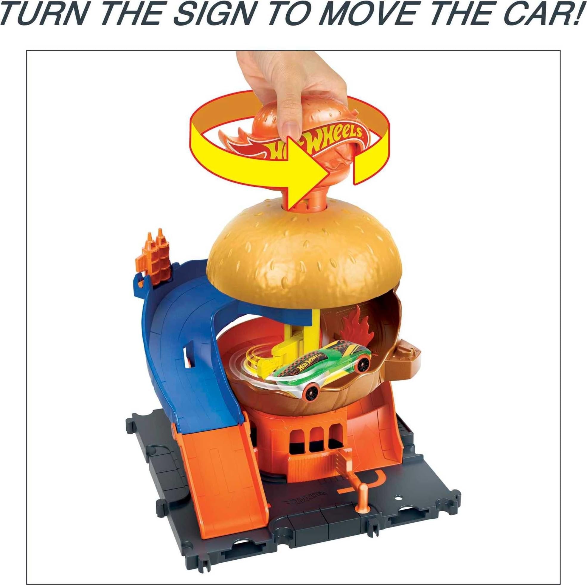 Hot Wheels Toy Car Track Set, City Burger Drive-Thru Playset & 1:64 Scale Car, Connects to Other Sets & Tracks