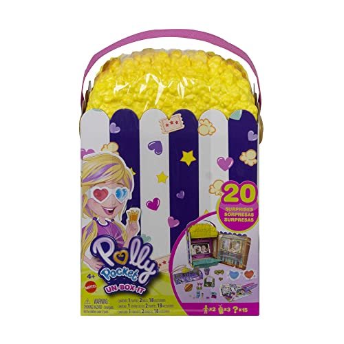 Polly Pocket Un-Box-It Playset, Popcorn Shaped Box Opens to a Movie Theater Adventure, 20 Accessories Including 2 Micro Dolls & 3 Tiny Takeaways