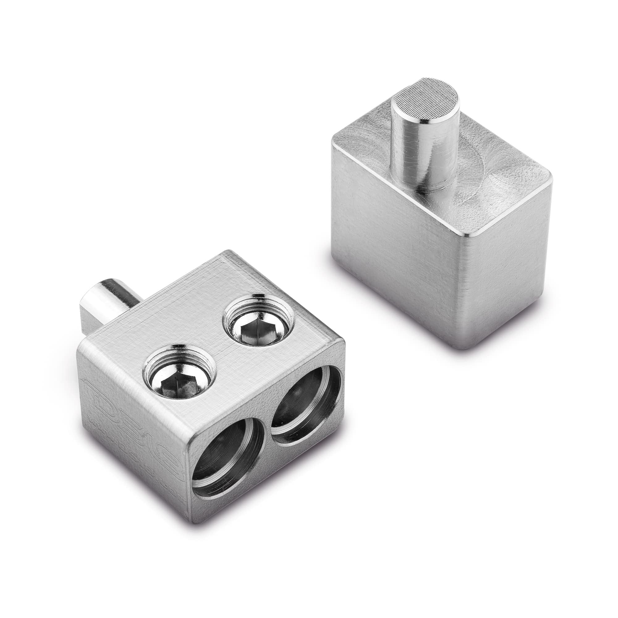 DS18 DPIV1/0 Input Reducer with Offset Stub - Dual 1/0 GA to 1/0 GA Reducer, Nickel Plated Ultra Conductive Copper Alloy, 1 x 1/0GA Output, 2 x 2/0GA Input (Sold in Pairs)