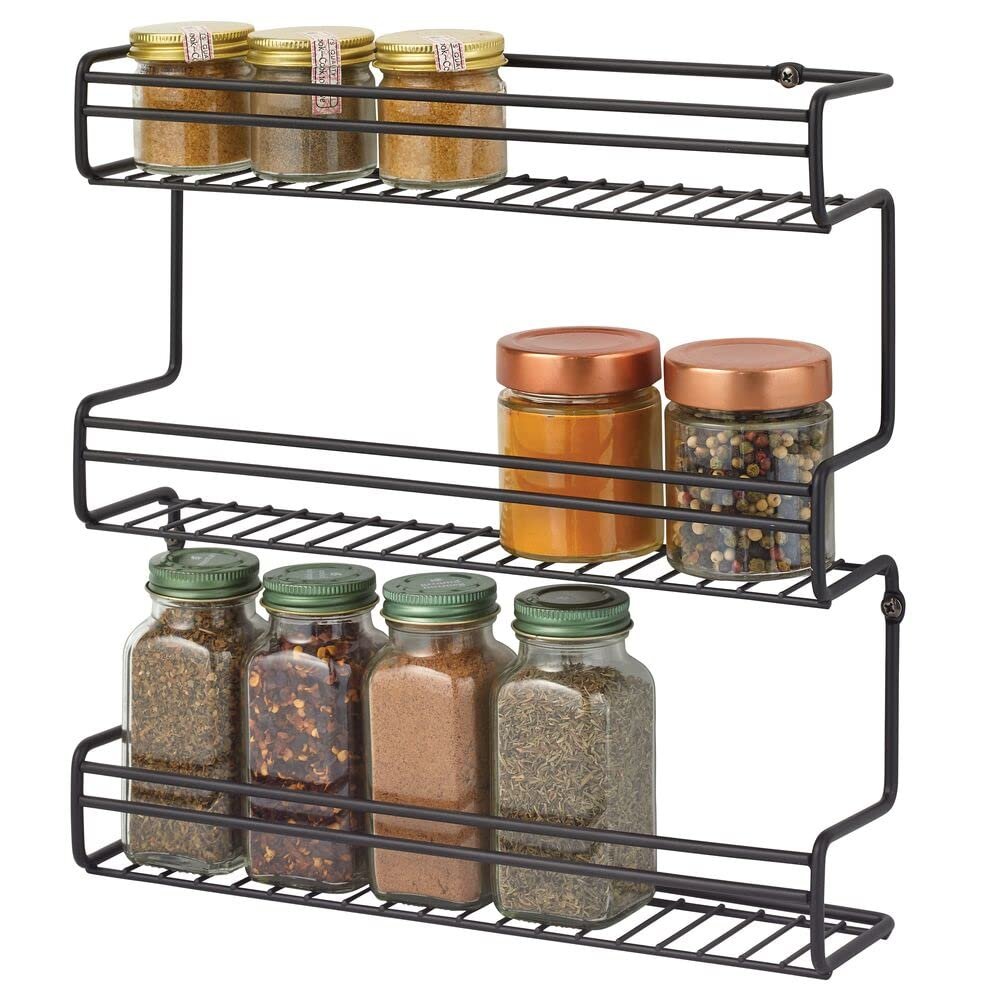 mDesign Metal Wall Mount Kitchen Spice Bottle Rack Holder, Food Storage Organizer for Cabinet, Cupboard, Pantry, Shelf - Holds Spices, Jars, Baking Supplies, Cans, 3 Tier - Black