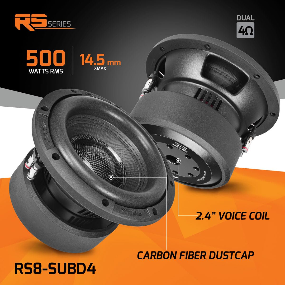 PRV AUDIO 8" Sub D4 1000 Watts Max Power Dual 4 Ohm, 14.5 mm Xmax, RS8-SUBD4, 2.4 in Voice Coil, 8 Inch Car Subwoofer Deep Low Tones for Car, Pickup Trucks Audio Systems (Single)