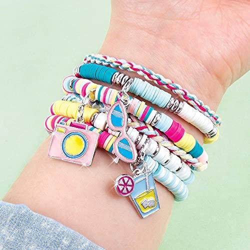 Make It Real - Summer Vibes Heishi Bead Bracelets - DIY Charm Bracelet Making Kit with Case - Friendship Bracelet Kit with Beads, Charms & Thread - Arts & Crafts Bead Kit for Girls - Makes 5 Bracelets