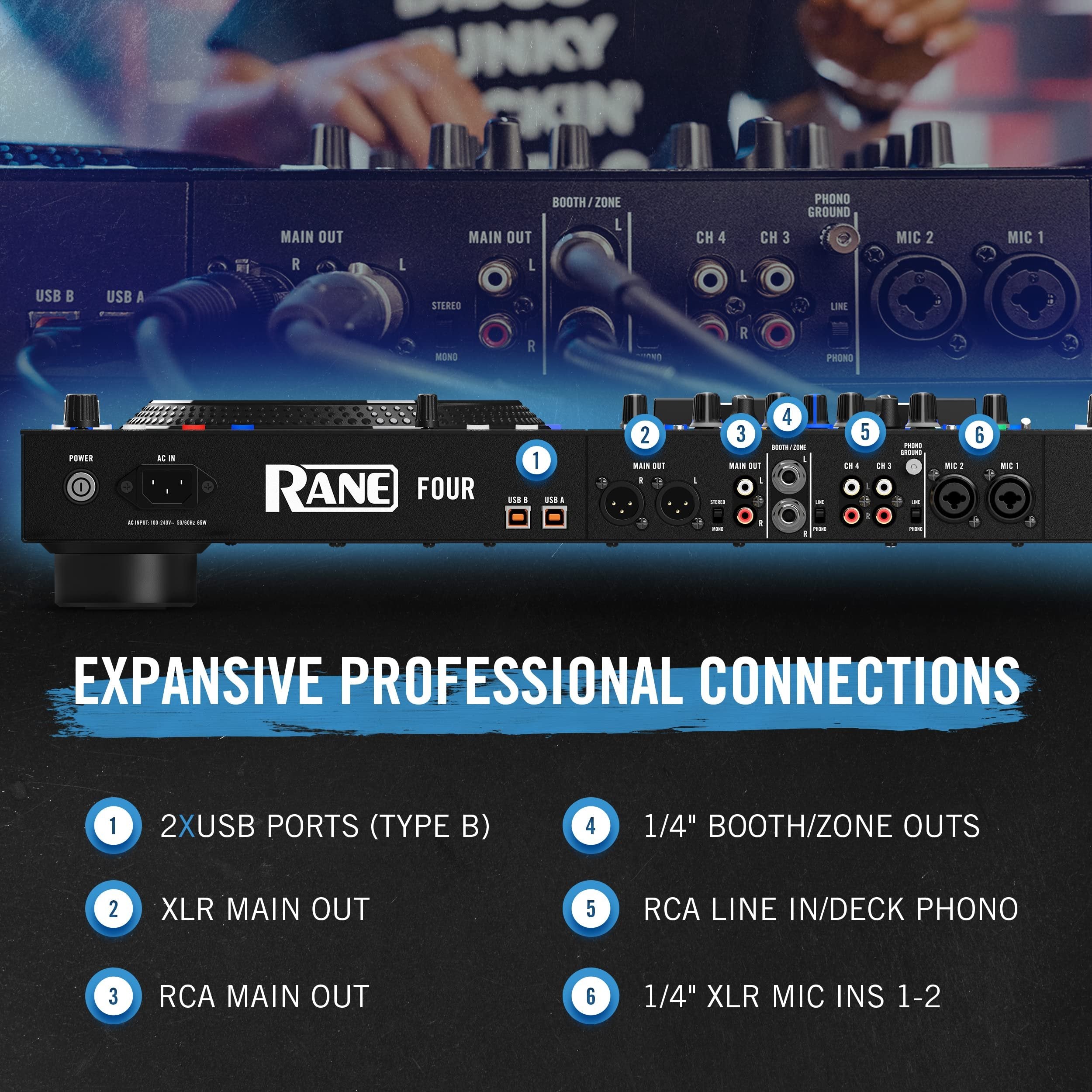 RANE FOUR Advanced 4 Channel Stems DJ Controller - 8.5" Jog Wheels with displays, DJ Mixer with Internal FX, Serato DJ Pro & Pitch ‘n Time DJ Included