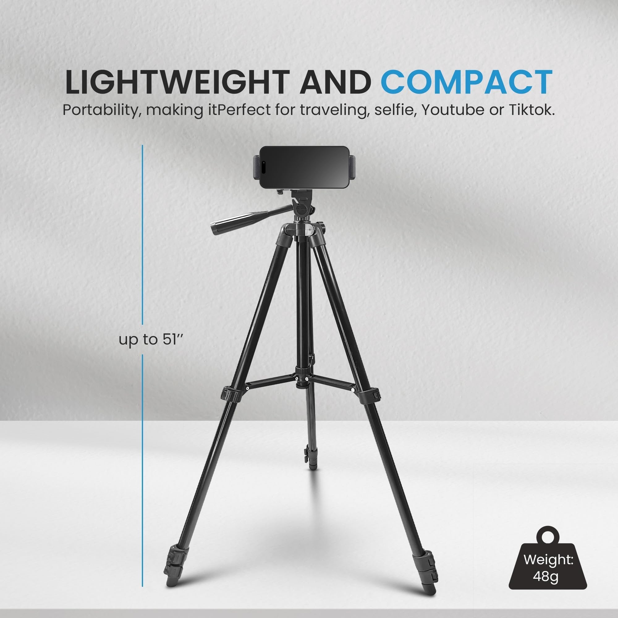 iDance Cell Phone Tripod Stand, 51", Phone Tripod with Bluetooth Remote Control, Portable Tripod for iPhone and Smartphone, Tripod Mount for Video Recording, Traveling, YouTube and Tiktok