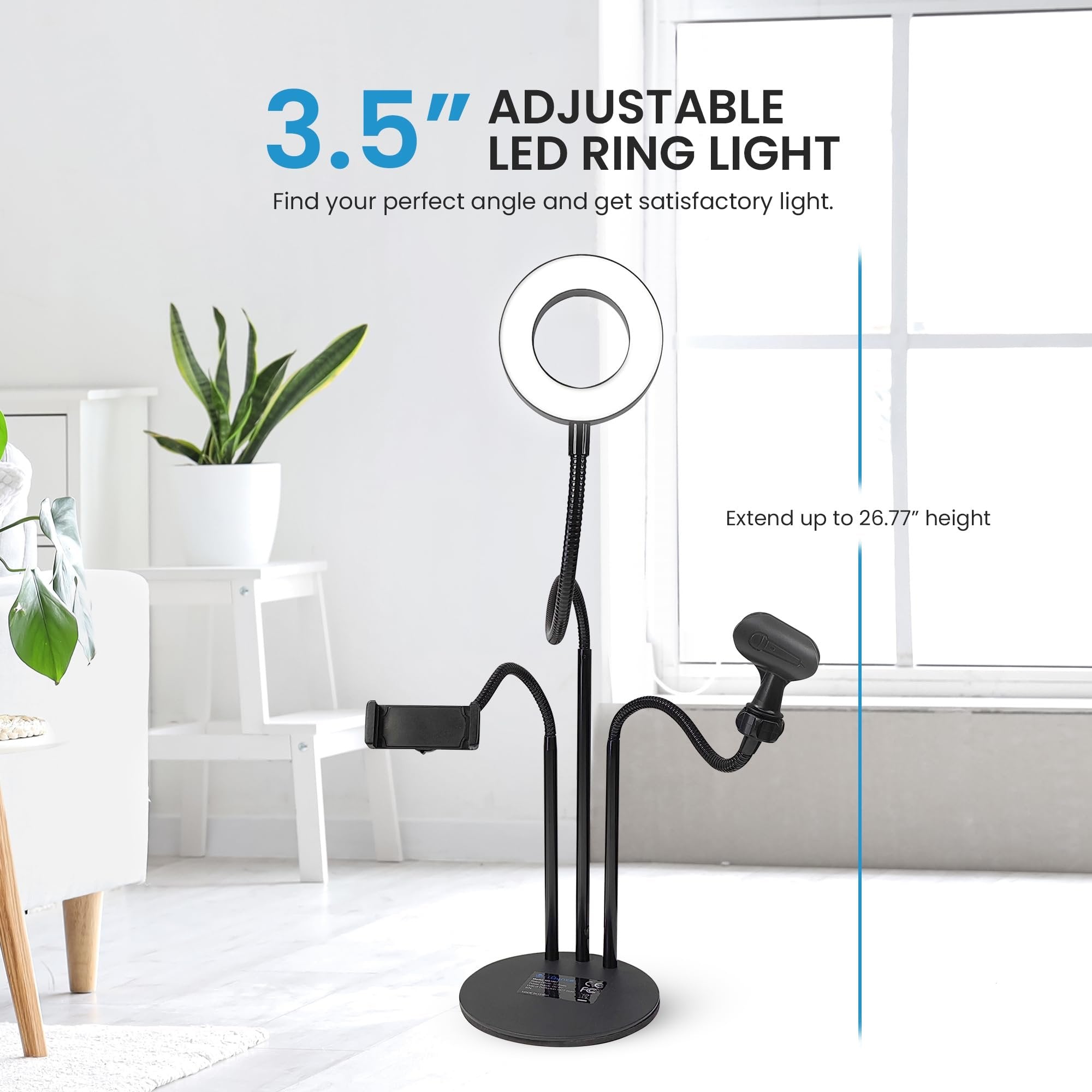 iDance LED Ring Light with Stand, 3.5", Portable Desk Ring Light with Cell Phone Mount, Microphone Holder and Tripod for Laptop, Selfie, USB Powered & Remote with Foldable & Adjustable Stand