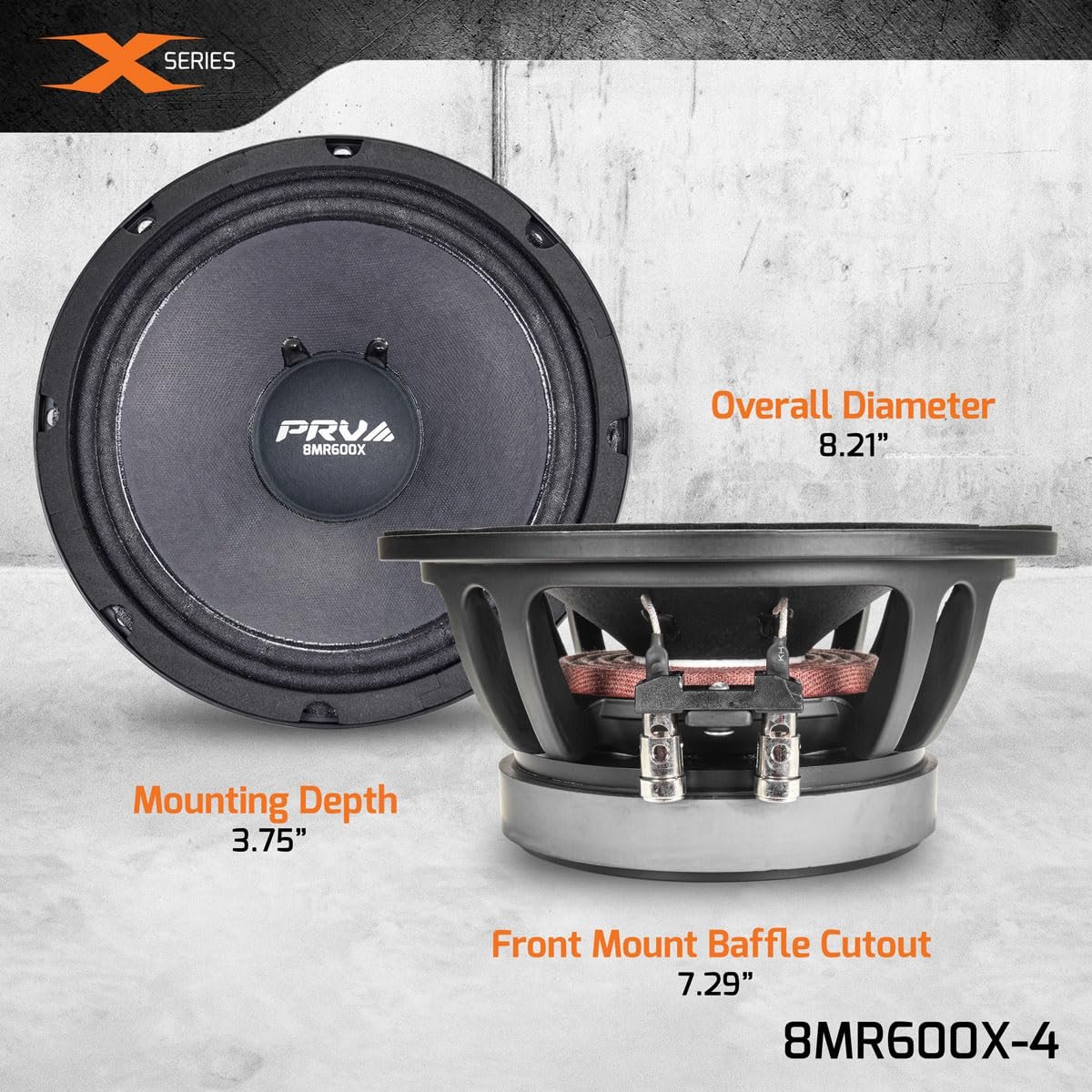 PRV AUDIO 8 Inch Midrange Speaker 8MR600X-4, 600 Watts 4 Ohm, 2 in Voice Coil, X-treme Mid Range Loudspeaker for Pro Car Audio Systems (Single)