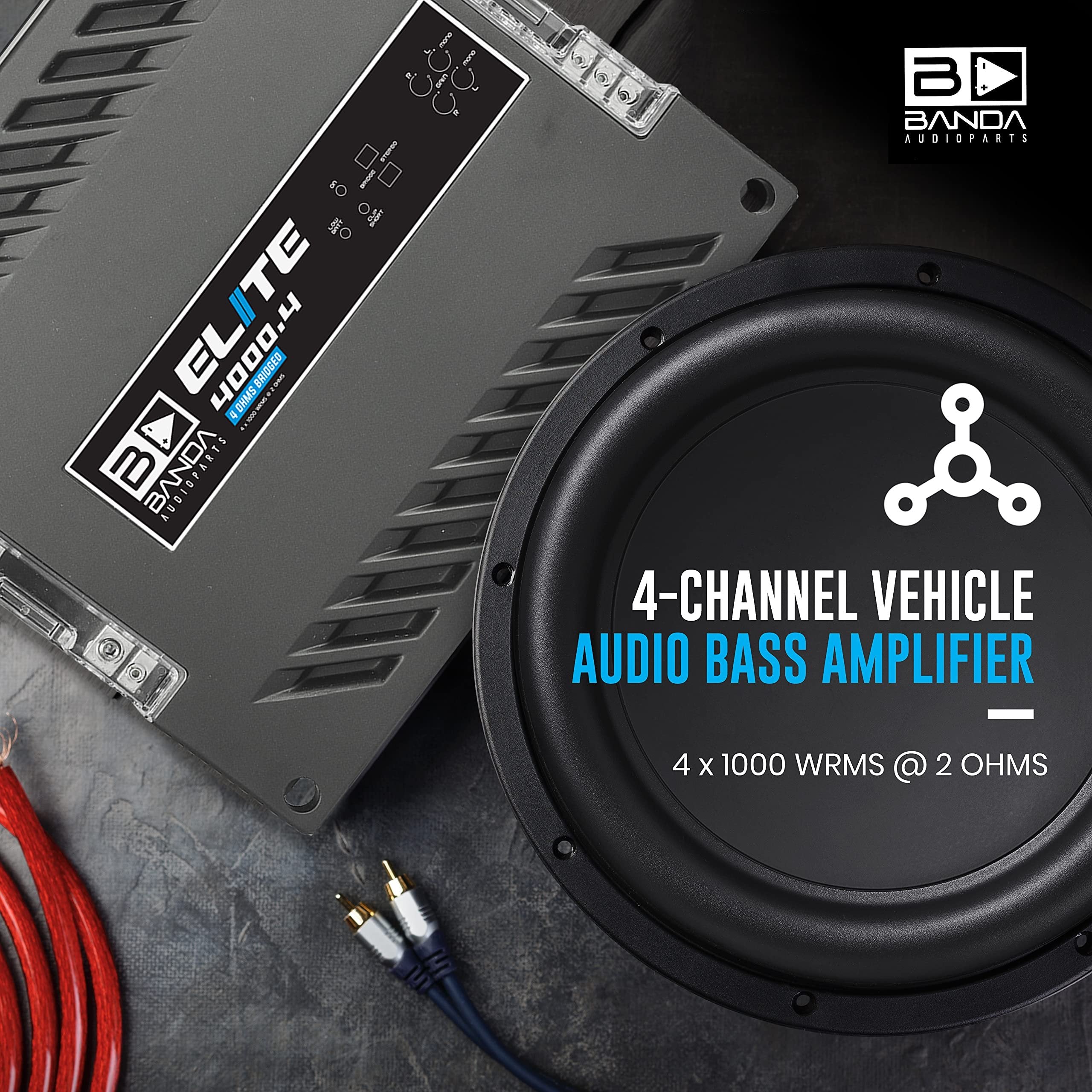 Banda 4-Channel Vehicle Audio Bass Amplifier - 1000 Watts Max High-Powered Mono Bass Amplifier Subsonic Filter and Low Pass Filter Stable at 1 ohm, LED Indicators, Sound Specialization - 4000.41OHM