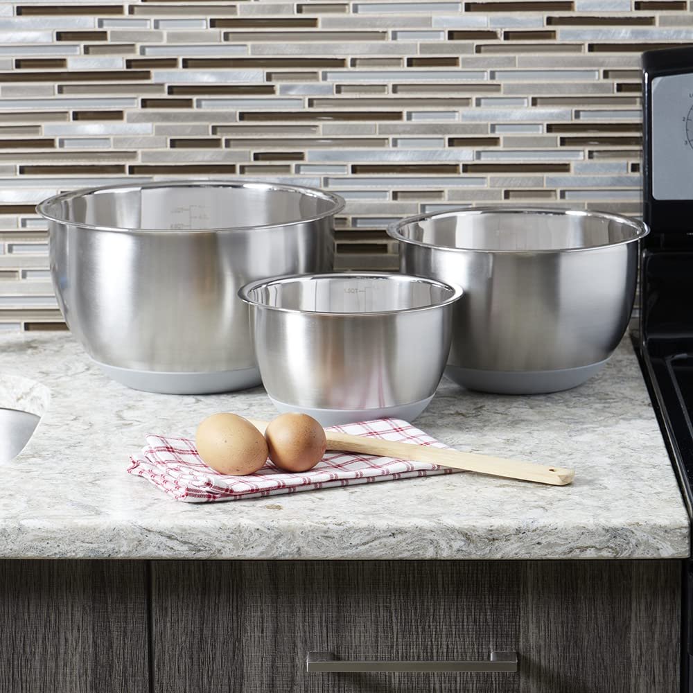 Home Basics 3 Piece Stainless Steel Nesting Mixing Bowls with Rubber Bottoms | Kitchen Essential | High Walls for Easy Mixing | Compact Storage