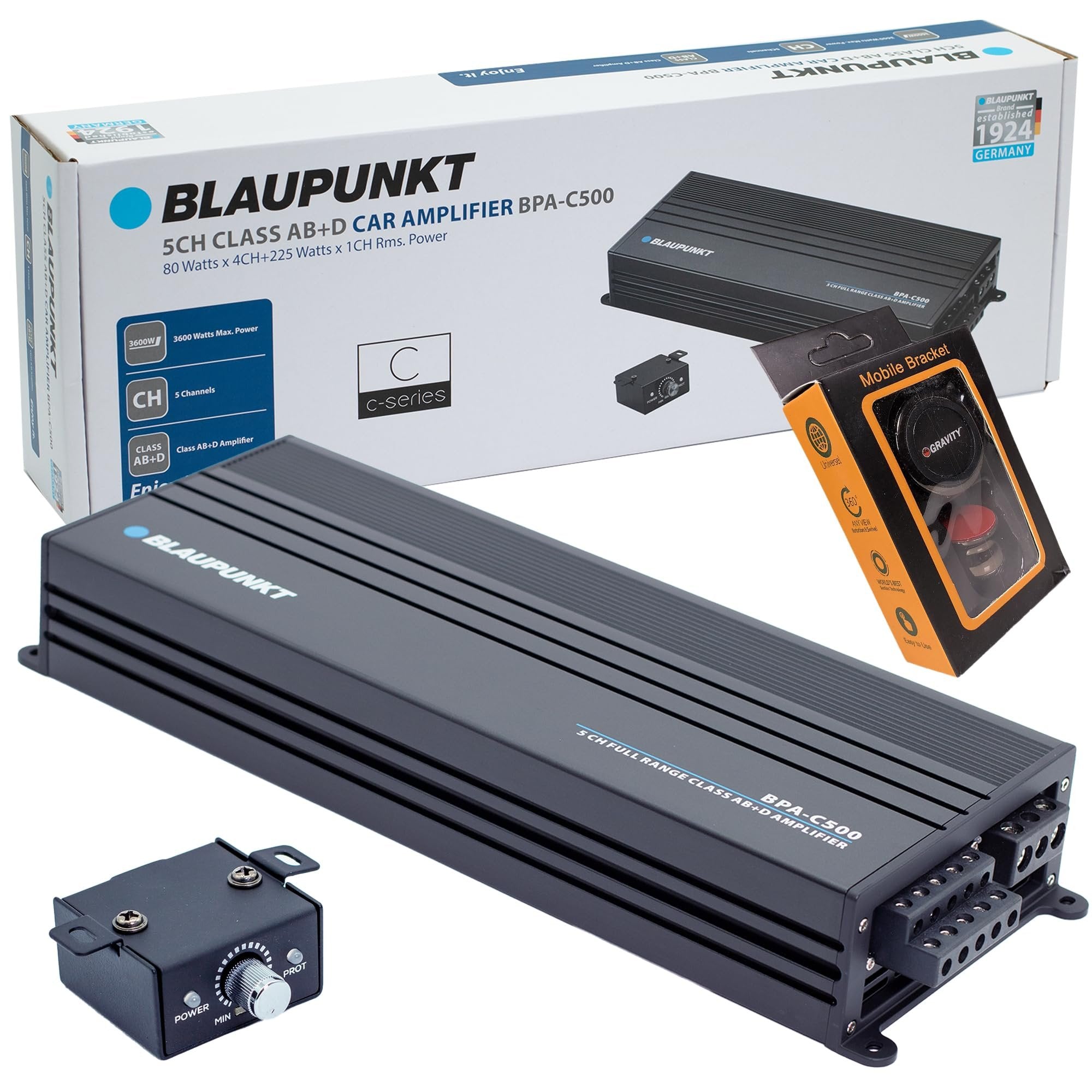 BLAUPUNKT BPA-C500 Elite Car Audio Class AB + Class D 5-Channel 3600W Stereo Amplifier Bridgeable Bundle with Gravity Magnet Phone Holder