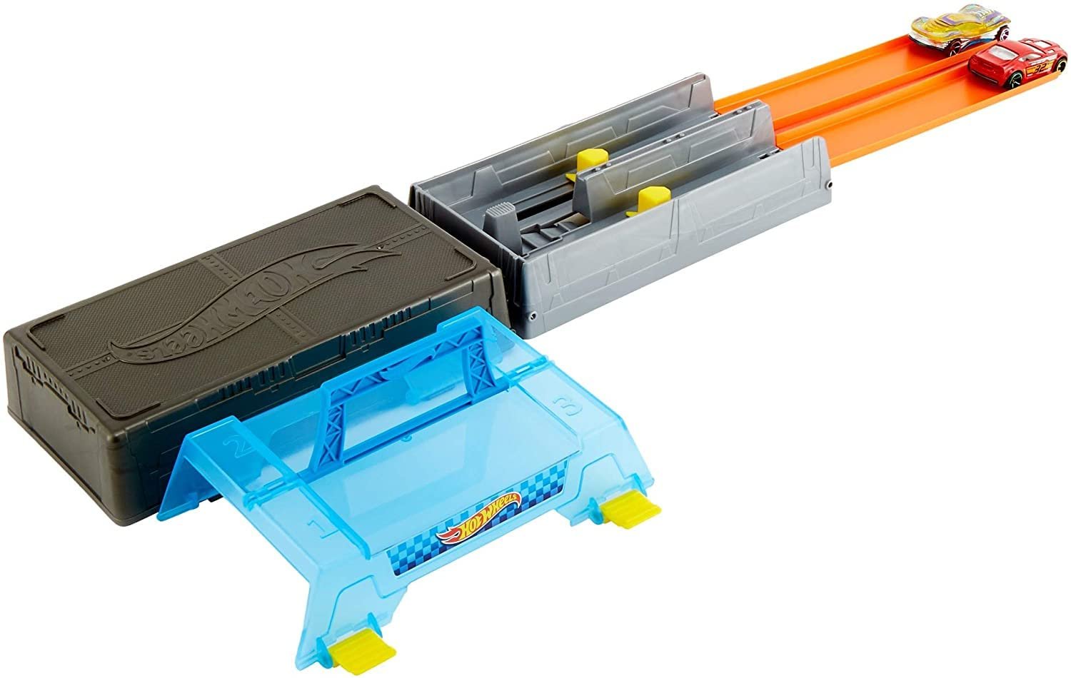 Hot Wheels Toy Cars & Track Set, Race Case Playset with 2 Vehicles in 1:64 Scale, Dual Launcher for Side-By-Side Racing & Portable Storage Container