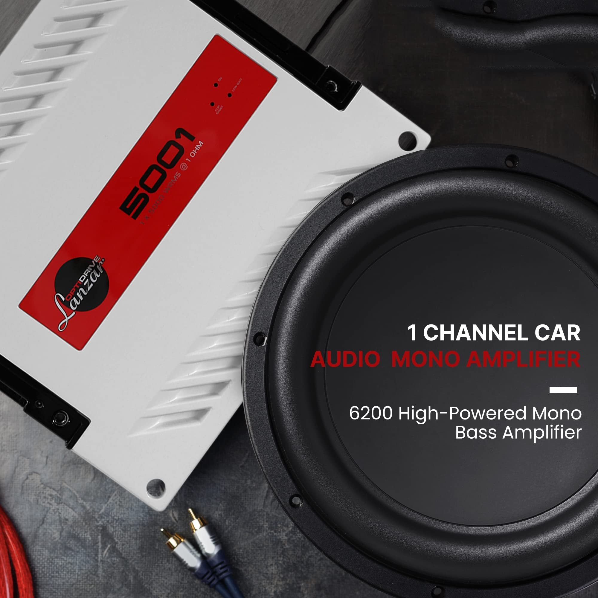 Jovial One Channel Car Audio Mono Amplifier, 6200 Watt Max @ 1 Ohm High-Powered Mono Car Amplifier with with Bass Boost High Pass Filter and Low Pass Filter, Cooling Fans, White