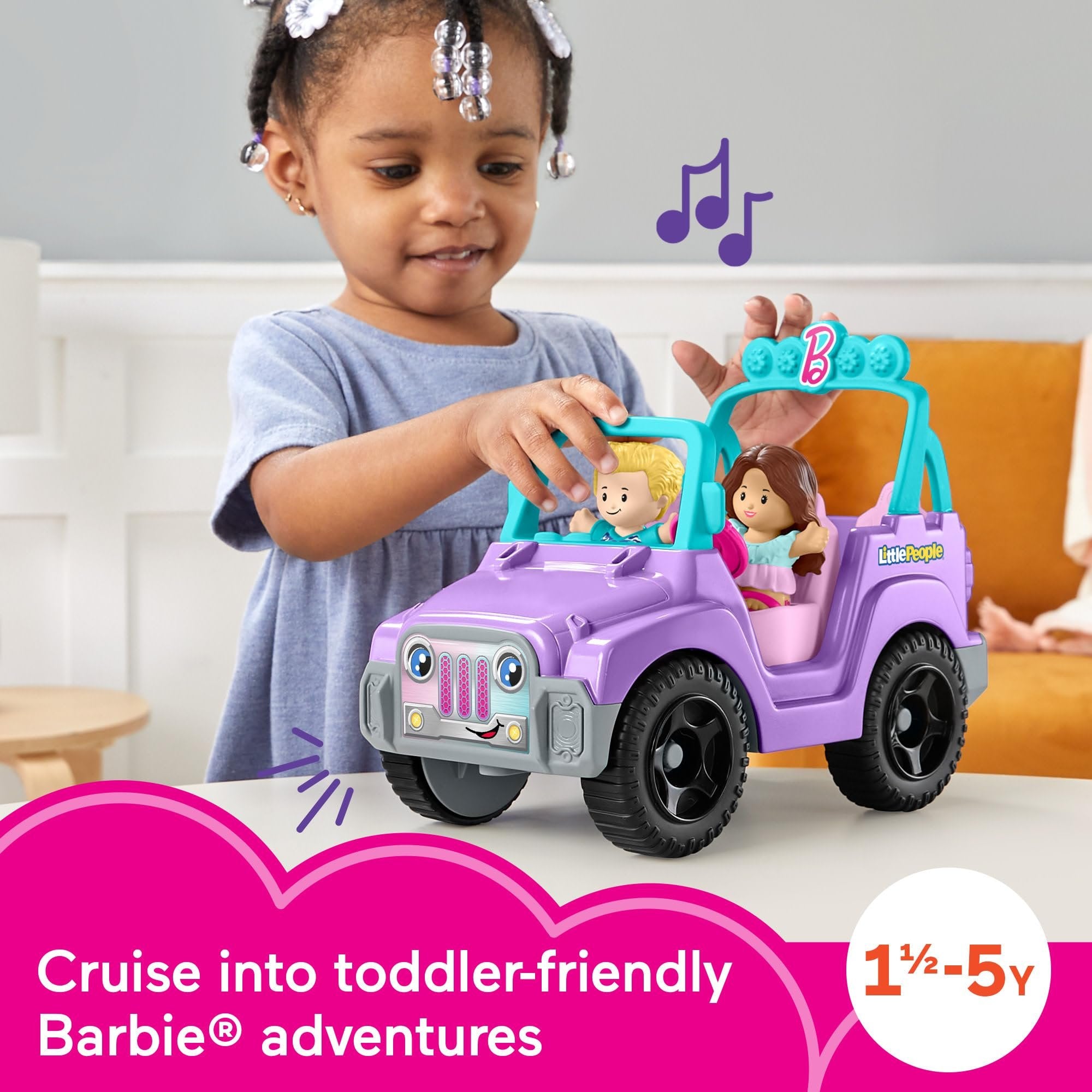 Fisher-Price Little People Barbie Toddler Toy Car Beach Cruiser with Music Sounds and 2 Figures for Pretend Play Kids Ages 18+ Months