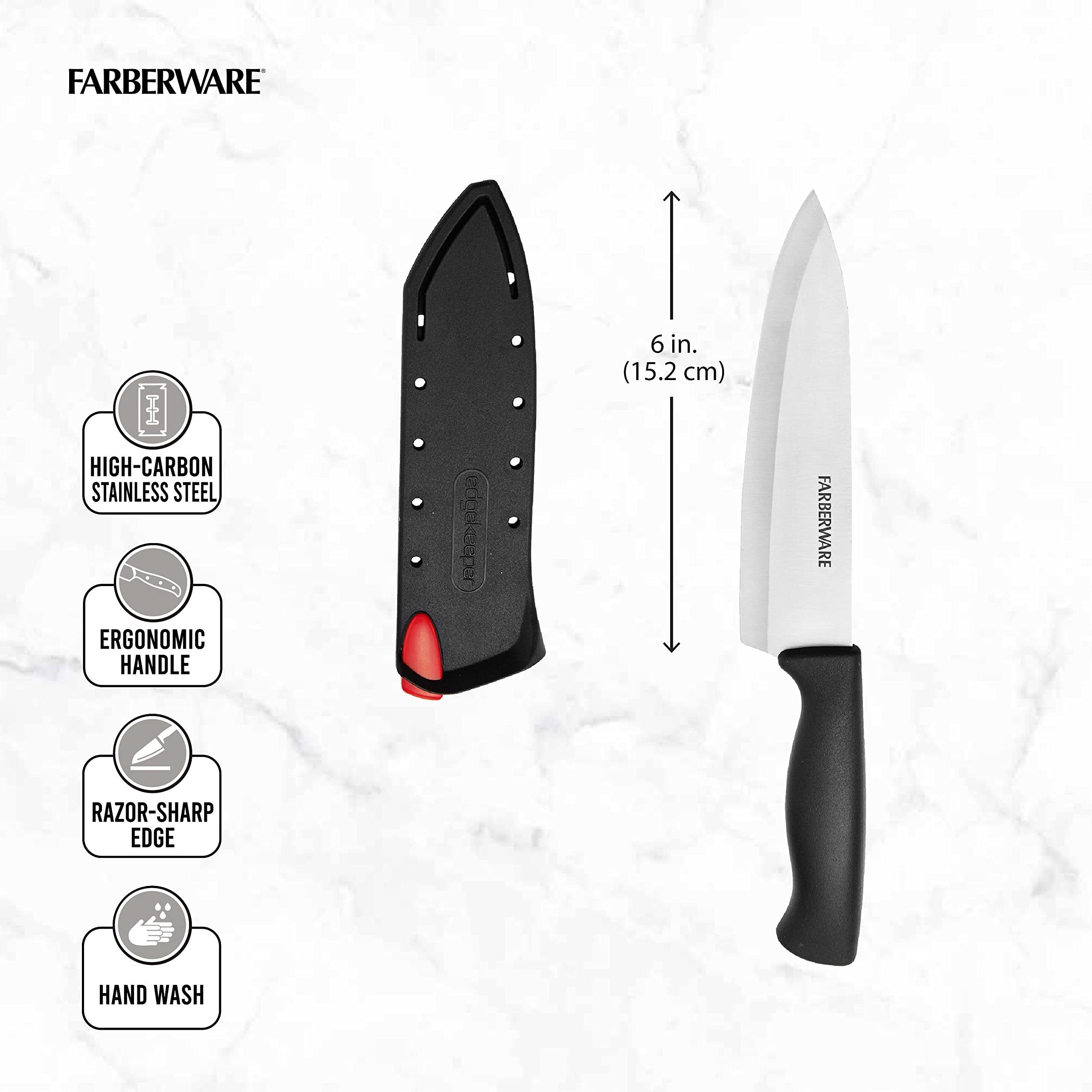 Farberware Edgekeeper 6-Inch Chef Knife with Self-Sharpening Blade Cover, High Carbon-Stainless Steel Kitchen Knife with Ergonomic Handle, Razor-Sharp Knife, Black