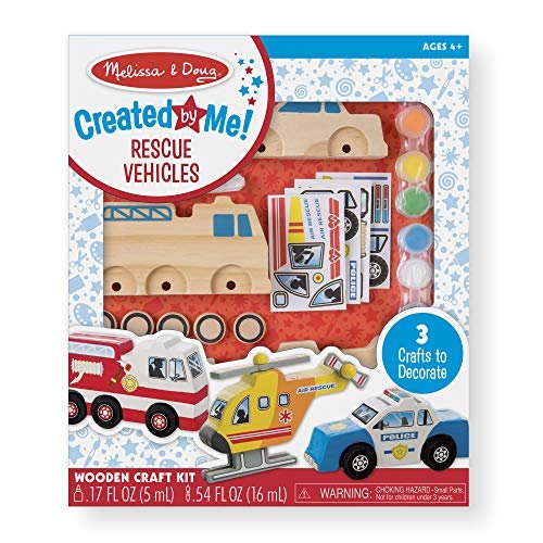 Melissa & Doug Created by Me! Rescue Vehicles Wooden Craft Kit - Decorate-Your-Own Police Car, Fire Truck, Helicopter