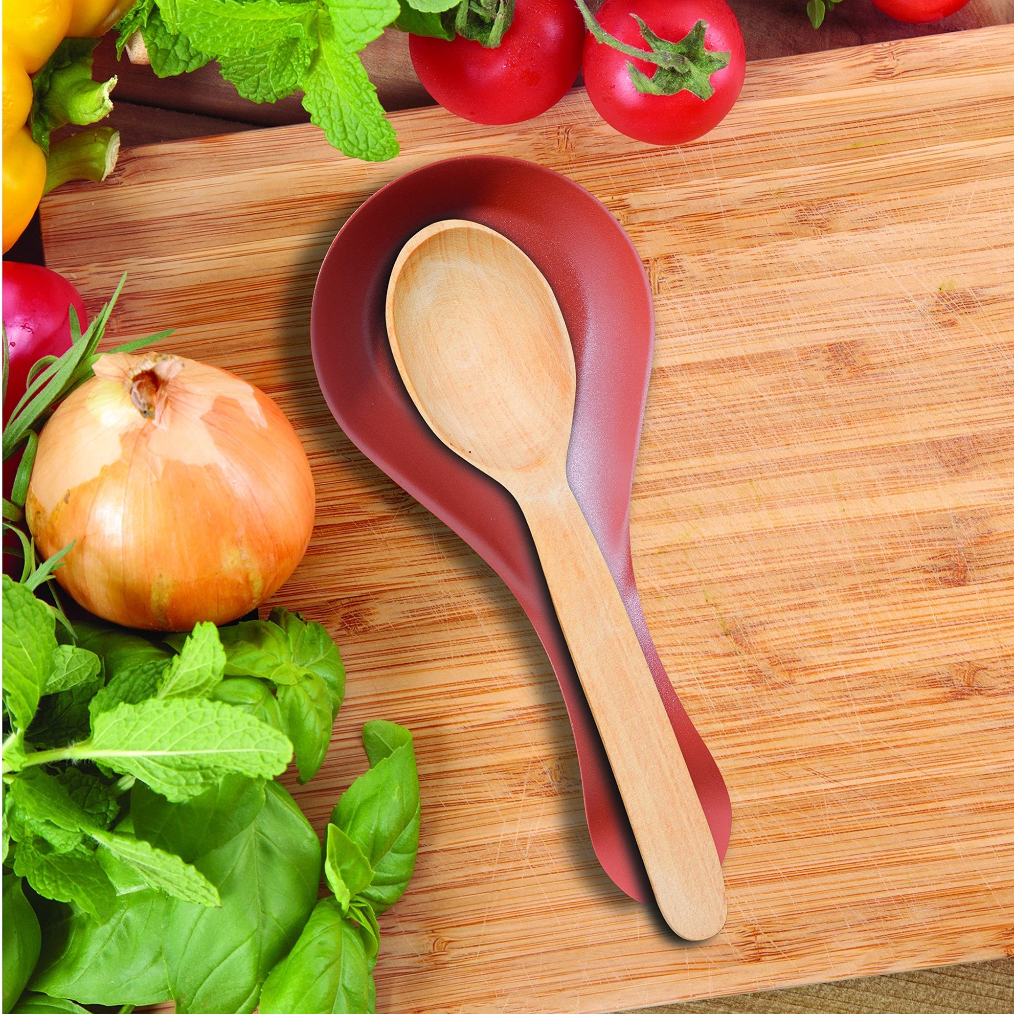 OGGI Stainless Steel Spoon Rest- Long Handle Holds Kitchen Utensils in Place, Great Spoon Rest for Kitchen Counter, Stove Top, or Coffee Station; Kitchen Accessories, Utensil Rest, Brick red