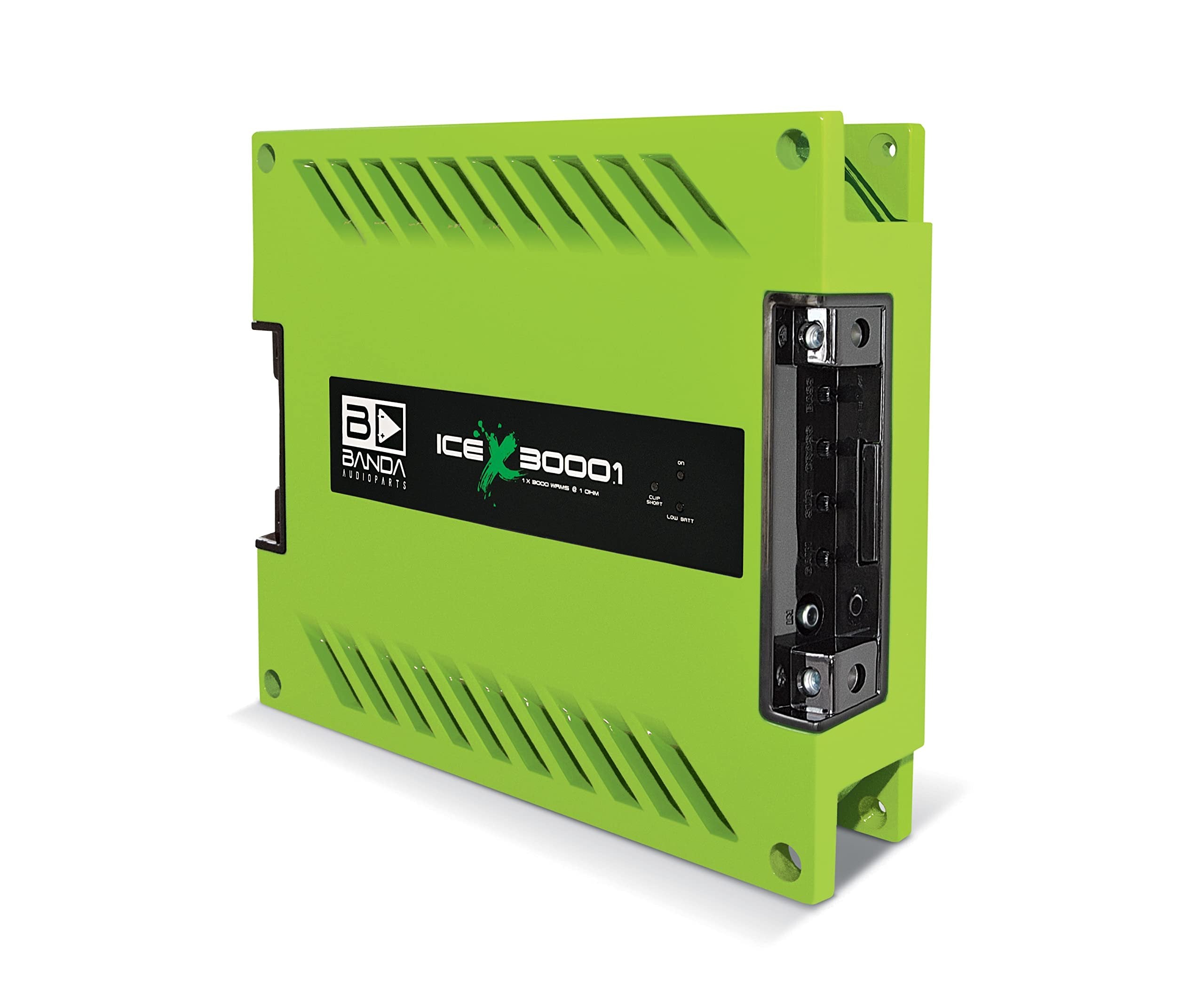 BANDA 1-Ch.Vehicle Audio Bass Amplifier - 3000WRMS High-Powered Mono Bass Amp w/Subsonic Filter and Low Pass Filter Stable at 1 ohm, LED Indicators, Sound Specialization, Green - BANDA ICEX3000.1GREEN