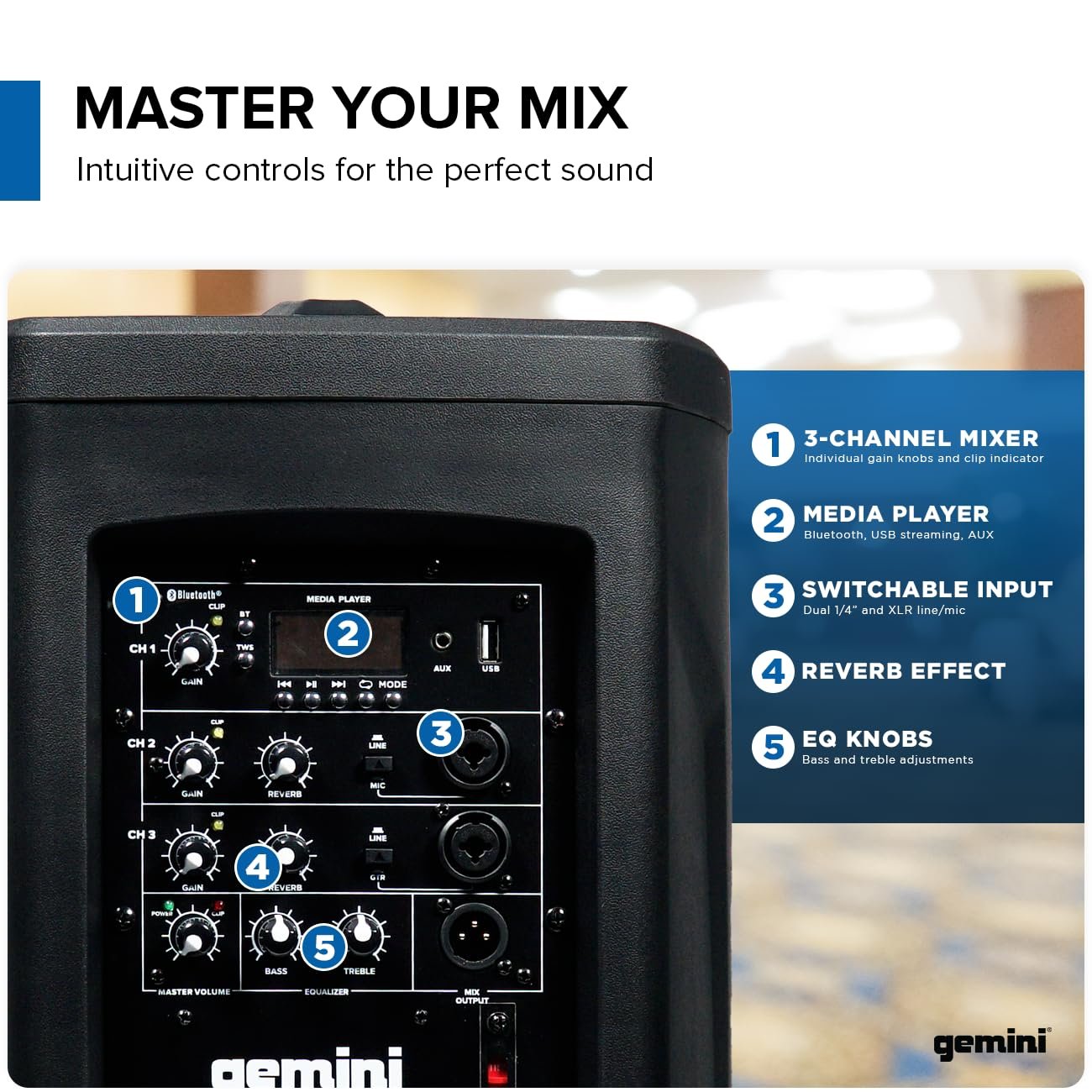 Gemini Sound WPX-2000 Active Column Line Array Speaker 1200W Peak Power Portable PA, Bluetooth, TWS Link, Adjustable Reverb, High-Fidelity Neodymium Drivers for DJs, Parties, Live Performances