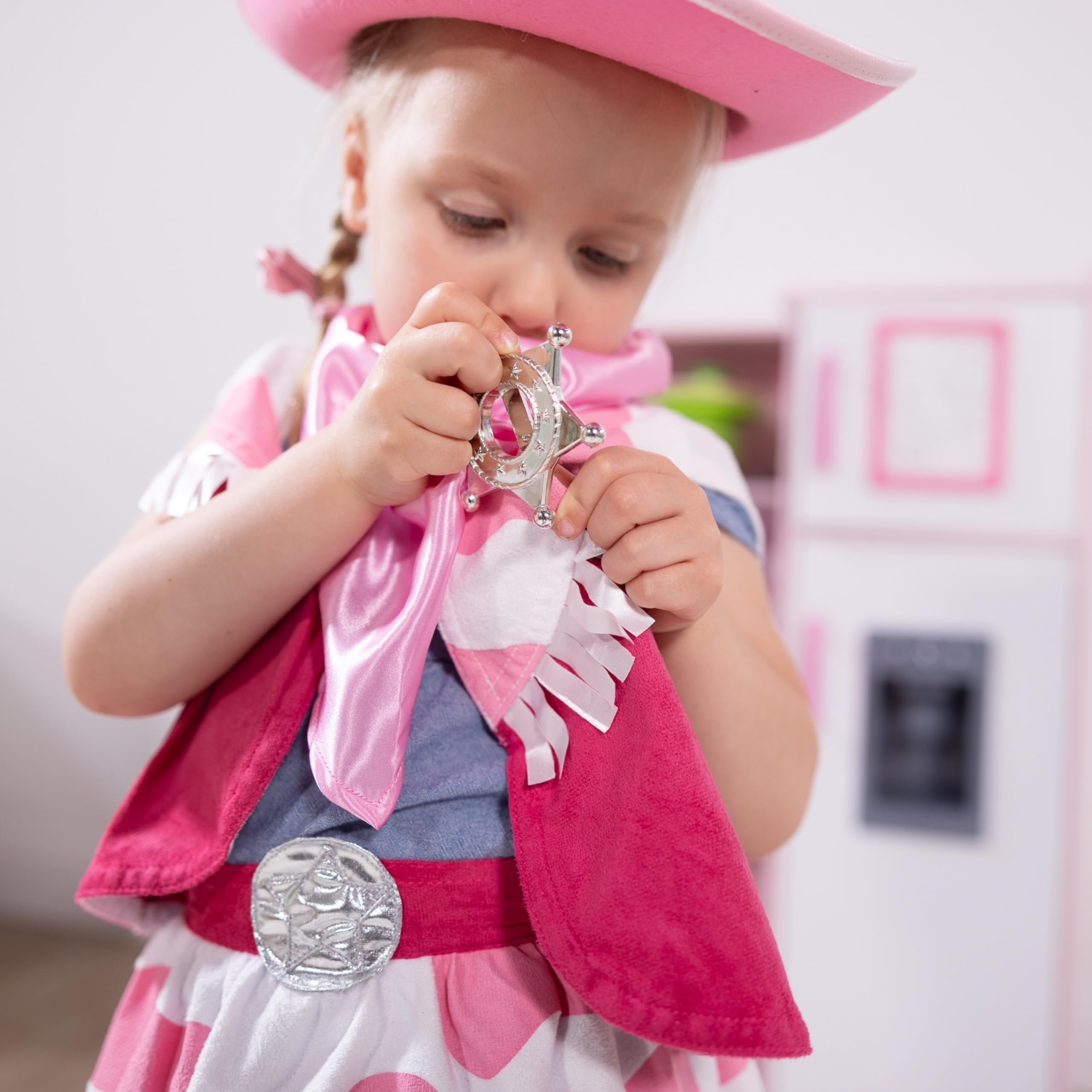 Melissa & Doug Cowgirl Role Play Costume Set (5pcs) - Skirt, Hat, Vest, Badge, Scarf Pink, Child 3-6