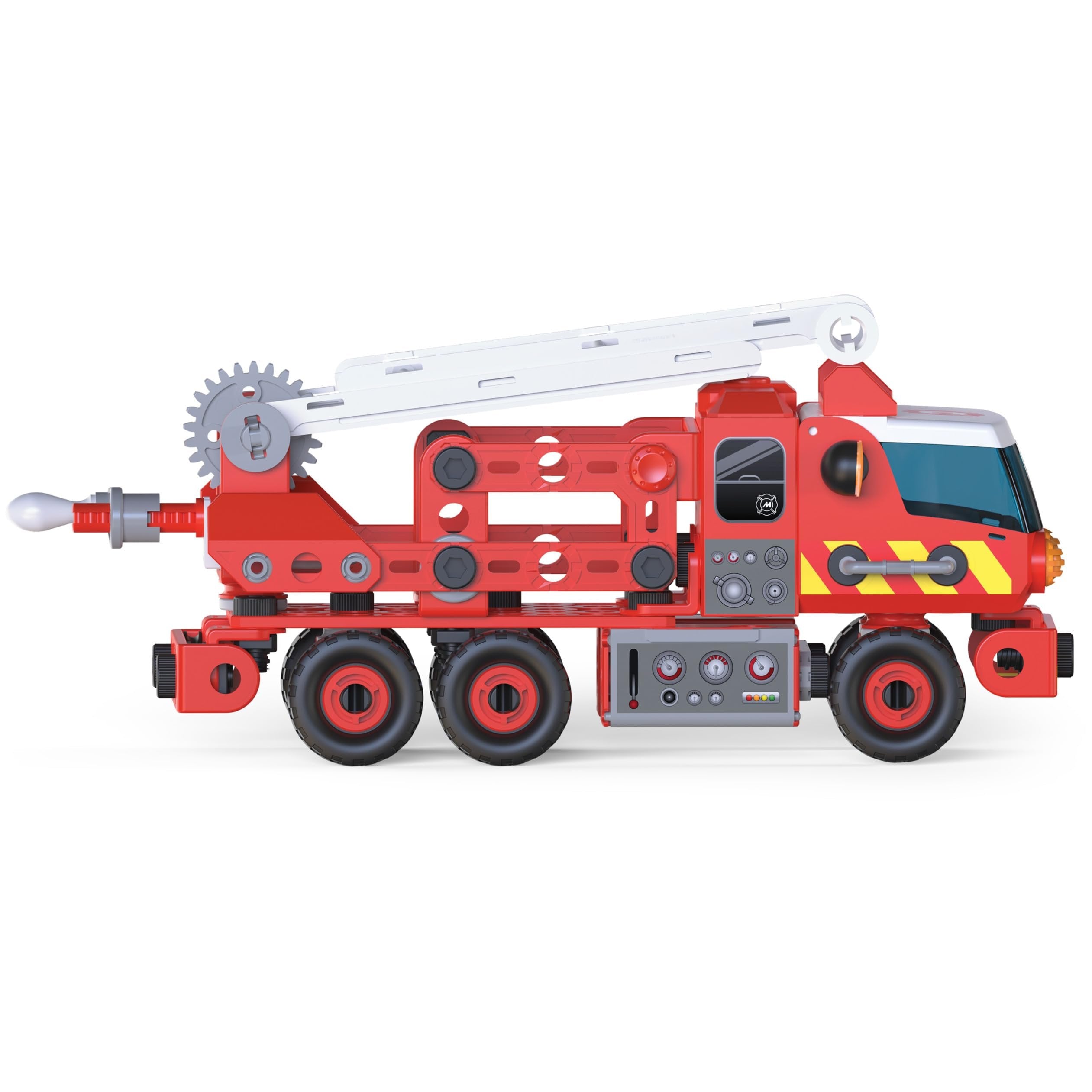 Meccano Fire Truck Toy Model Car Kit (152 pcs): Battery-Powered Siren Sound, Lights & Swiveling Ladder (Ages 5+) STEAM Vehicle Building Set with 2 Kid Construction Tools, 150 Snap-in Parts & Stickers