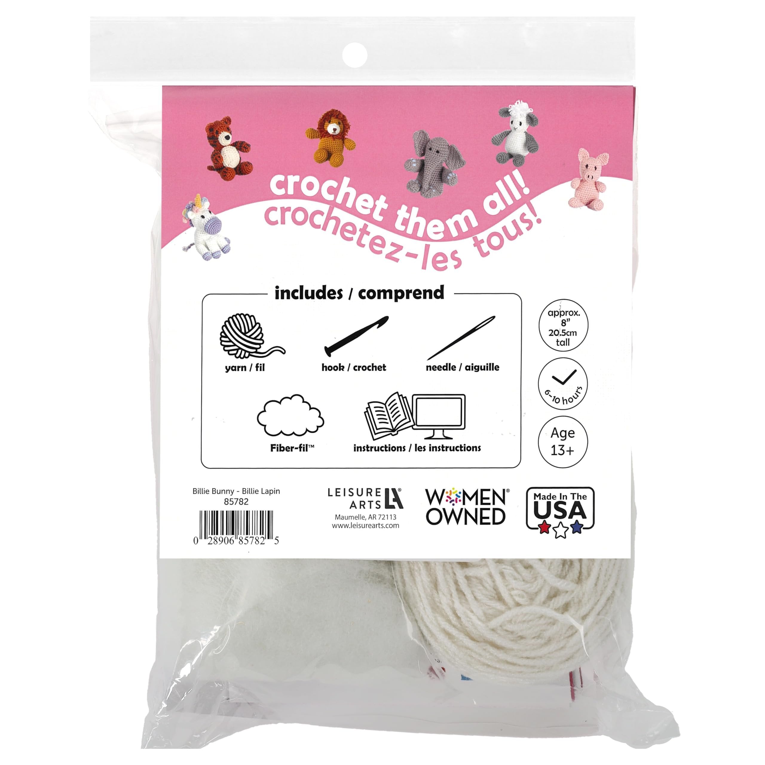 LEISURE ARTS - Crochet Kits, Friends Billie Bunny, 3", Crochet Kit for Beginners, Complete Kit, Animal Kits, Animal Kit, DIY Amigurumi Kits