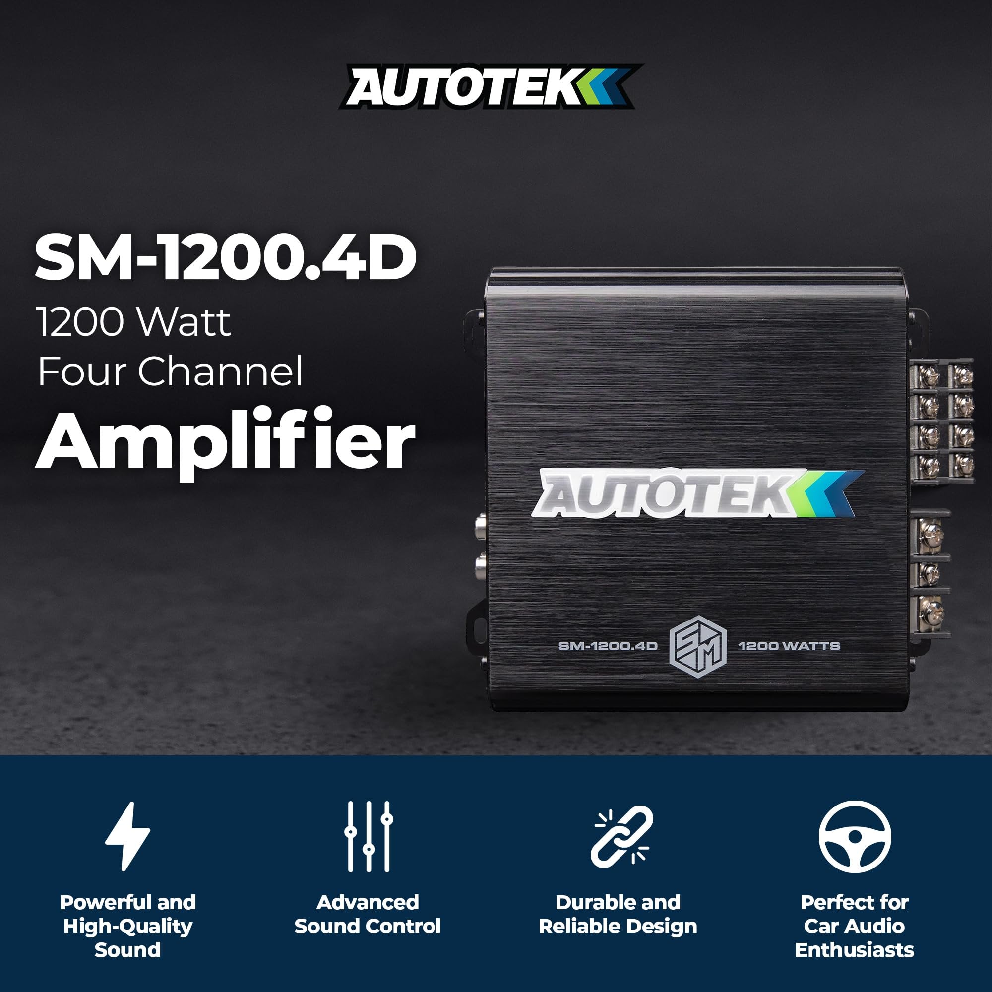 Autotek 1200 Watt 4 Channel Car Audio Amplifier with Bass Knob, High Output Class D Mono Bridged 4 Ohm Stable Input, Street Machine, SM-1200.4D, Black