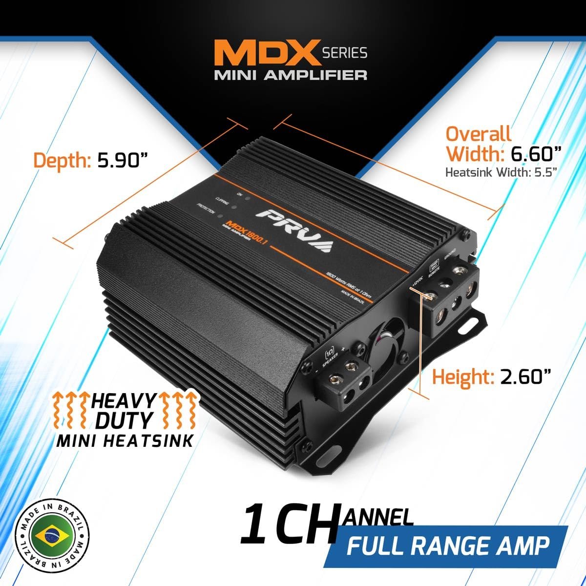PRV Audio MDX1800.1 1 Ohm Mini Car Audio Amplifier 1 Channel 1800 Watts RMS Ultra Compact Full Range Monoblock Class D Amp for Powersports, Motorcycles, ATV, for High Power Loudspeaker Systems